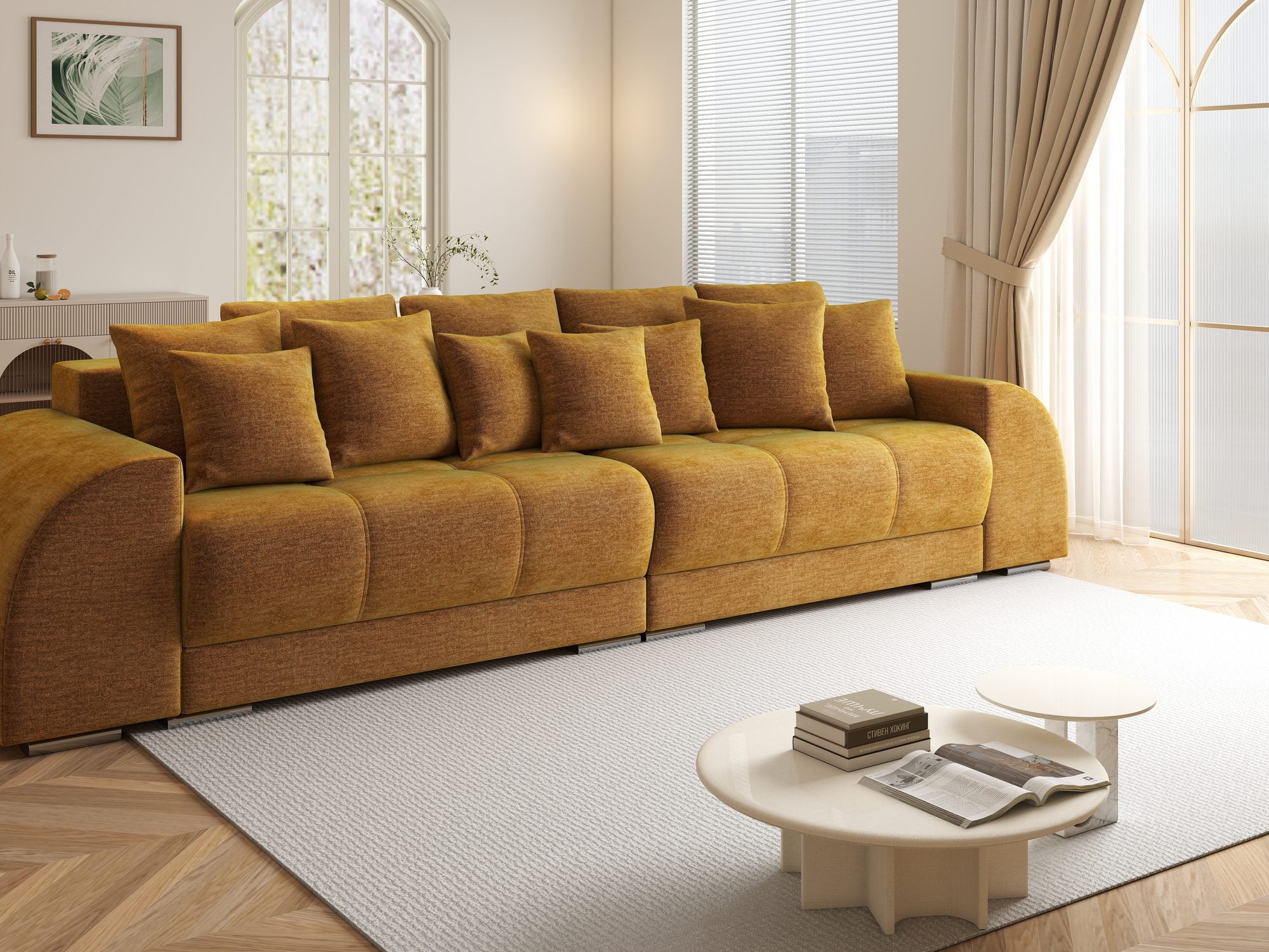 Canapea extensibilă dumonde cu 2 lăzi de depozitare si sezut confortabil din spuma high-density, Verona Monolith Mustar 48 310x100 cm