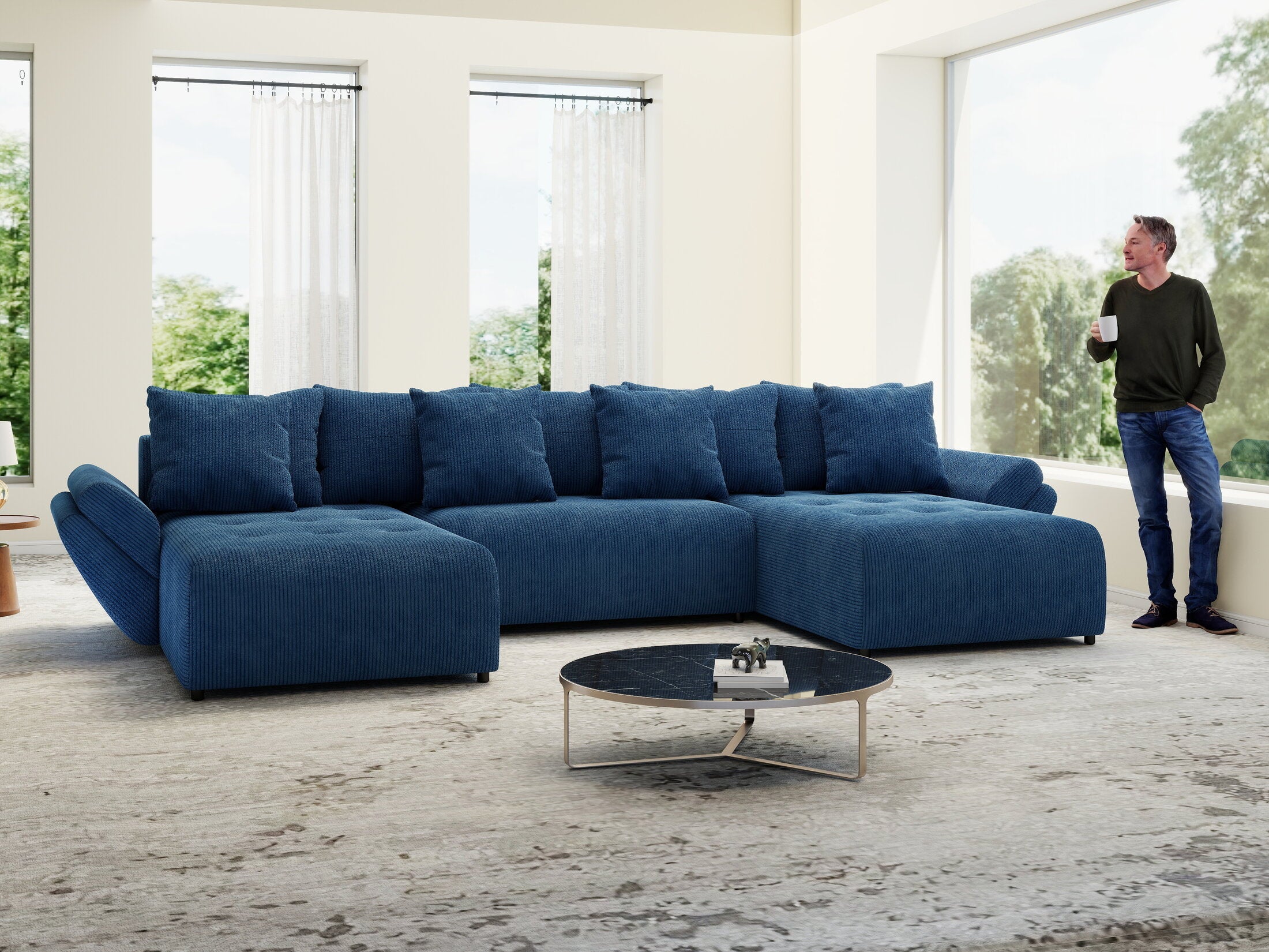 Colțar extensibil dumonde cu ladă de depozitare si sezut confortabil din spuma high-density, Berlin U Zoom Blue 400x185 cm