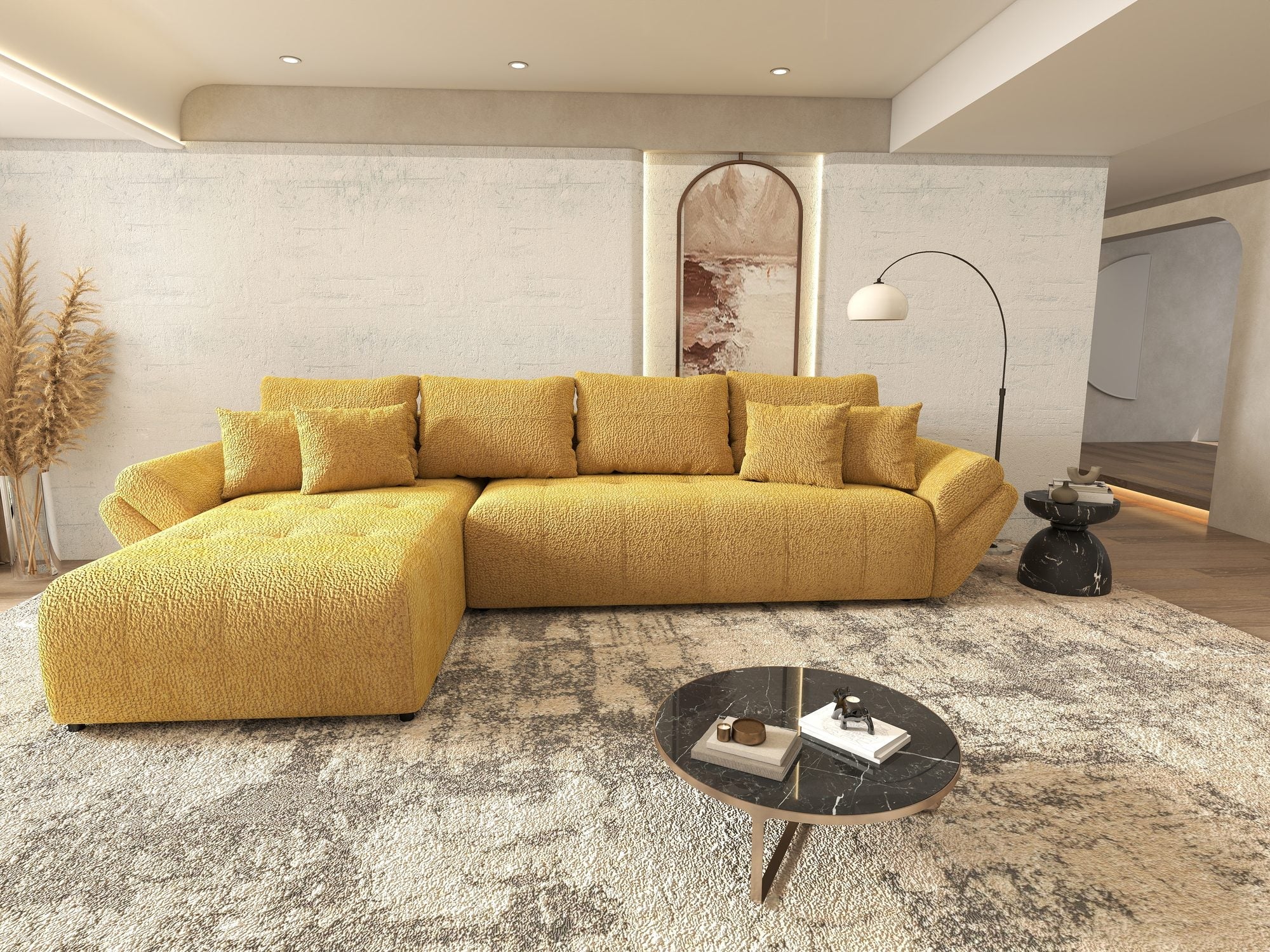 Colțar extensibil dumonde cu ladă de depozitare si sezut confortabil din spuma high-density, Berlin XL Jaguar Galben Mustar 11 350x185 cm