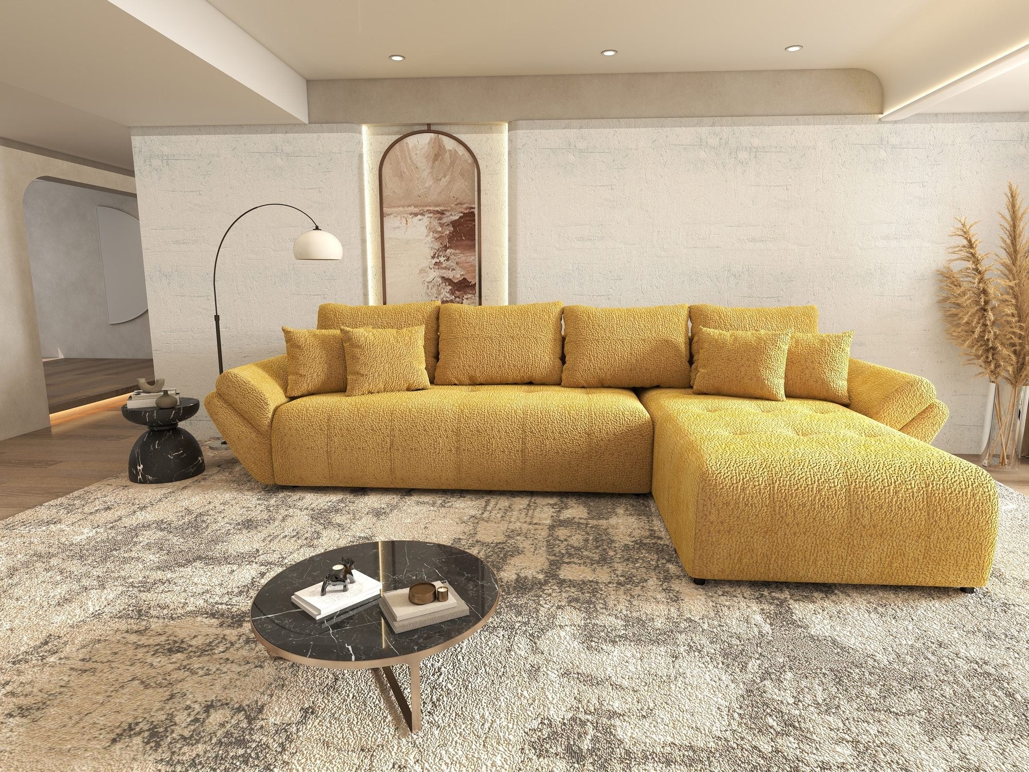 Colțar extensibil dumonde cu ladă de depozitare si sezut confortabil din spuma high-density, Berlin XL Jaguar Galben Mustar 11 II 350x185 cm