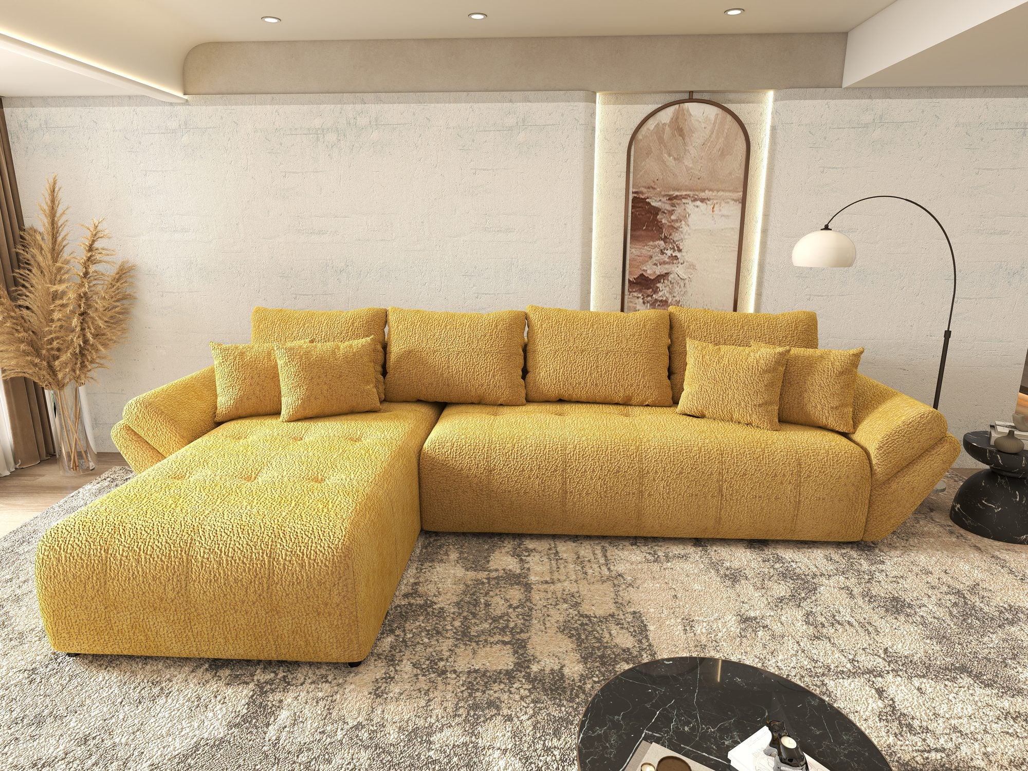 Colțar extensibil dumonde cu ladă de depozitare si sezut confortabil din spuma high-density, Berlin XL Jaguar Galben Mustar 11 350x185 cm