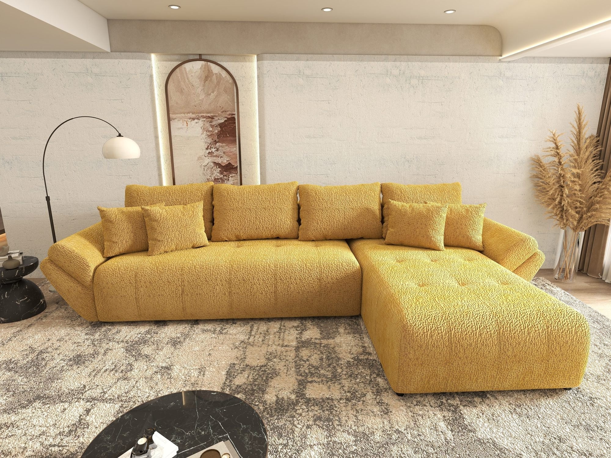 Colțar extensibil dumonde cu ladă de depozitare si sezut confortabil din spuma high-density, Berlin XL Jaguar Galben Mustar 11 II 350x185 cm