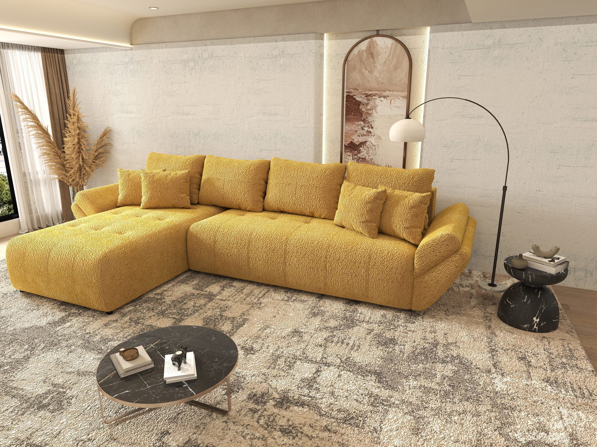 Colțar extensibil dumonde cu ladă de depozitare si sezut confortabil din spuma high-density, Berlin XL Jaguar Galben Mustar 11 350x185 cm