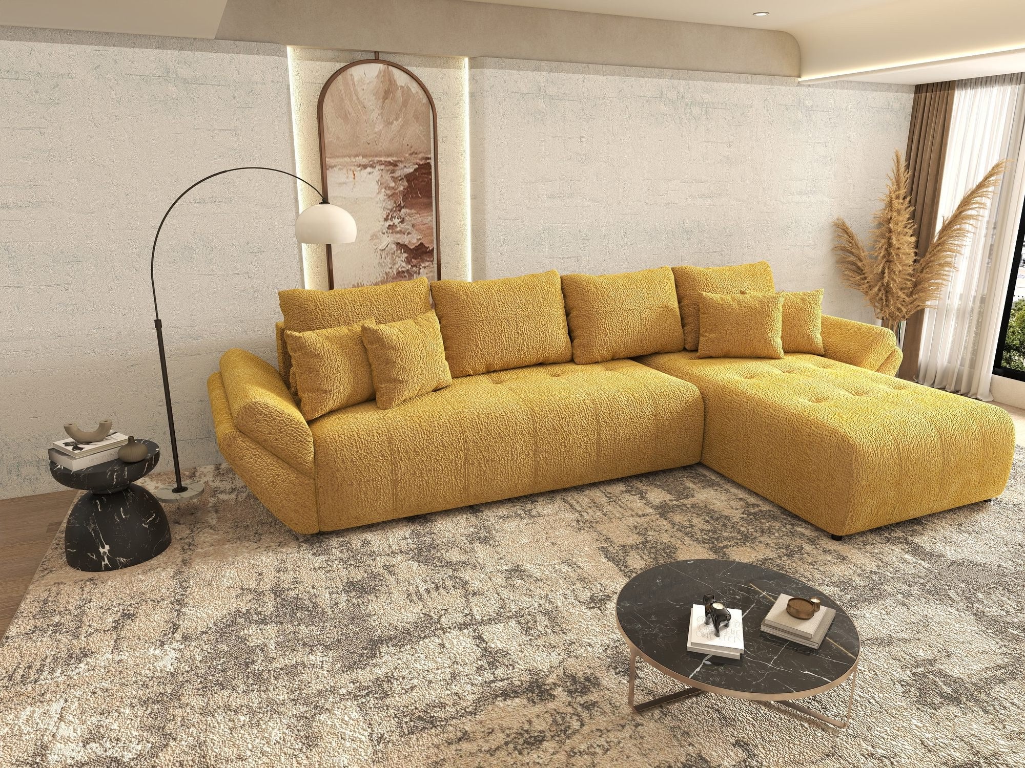 Colțar extensibil dumonde cu ladă de depozitare si sezut confortabil din spuma high-density, Berlin XL Jaguar Galben Mustar 11 II 350x185 cm