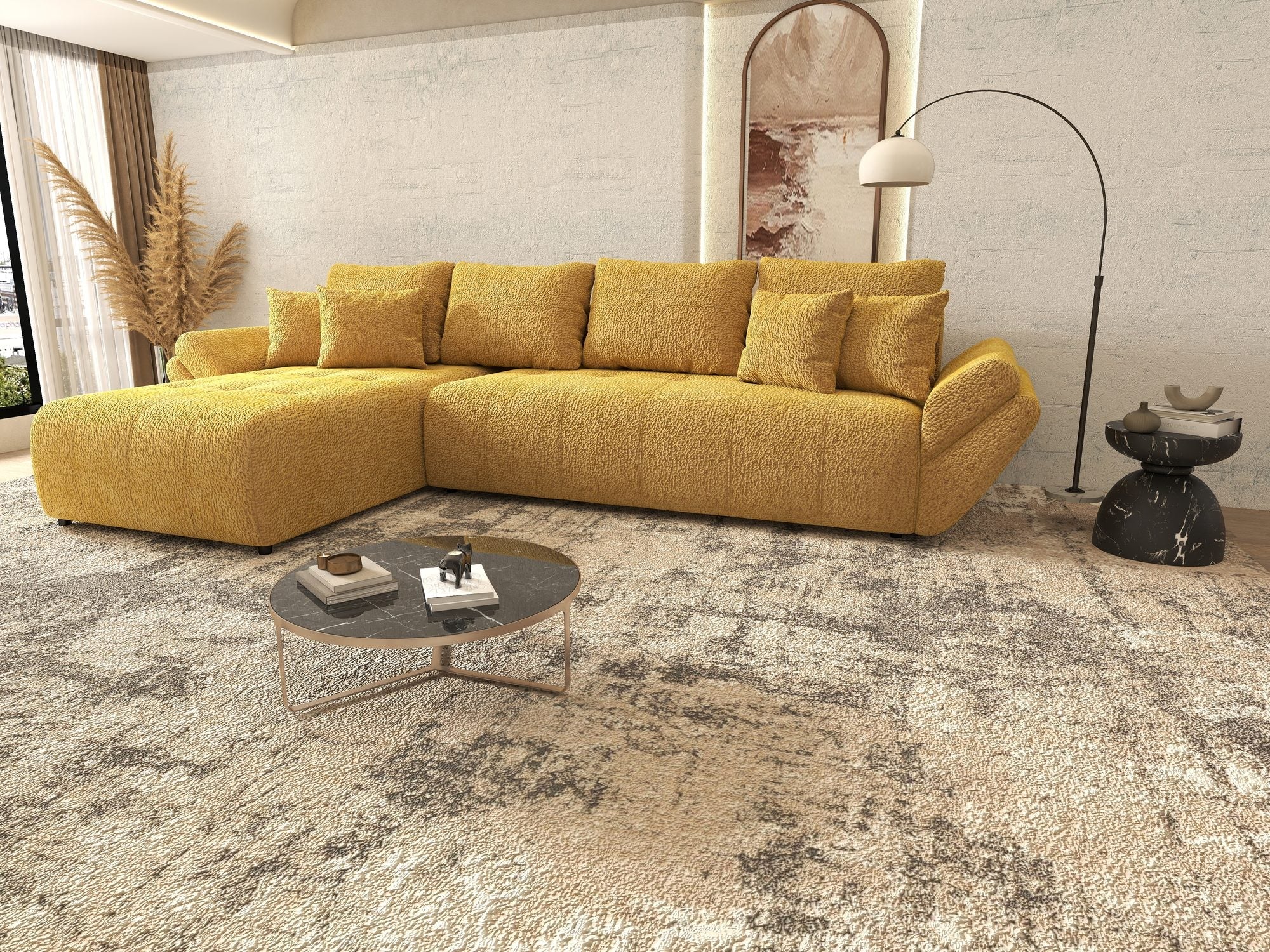 Colțar extensibil dumonde cu ladă de depozitare si sezut confortabil din spuma high-density, Berlin XL Jaguar Galben Mustar 11 350x185 cm