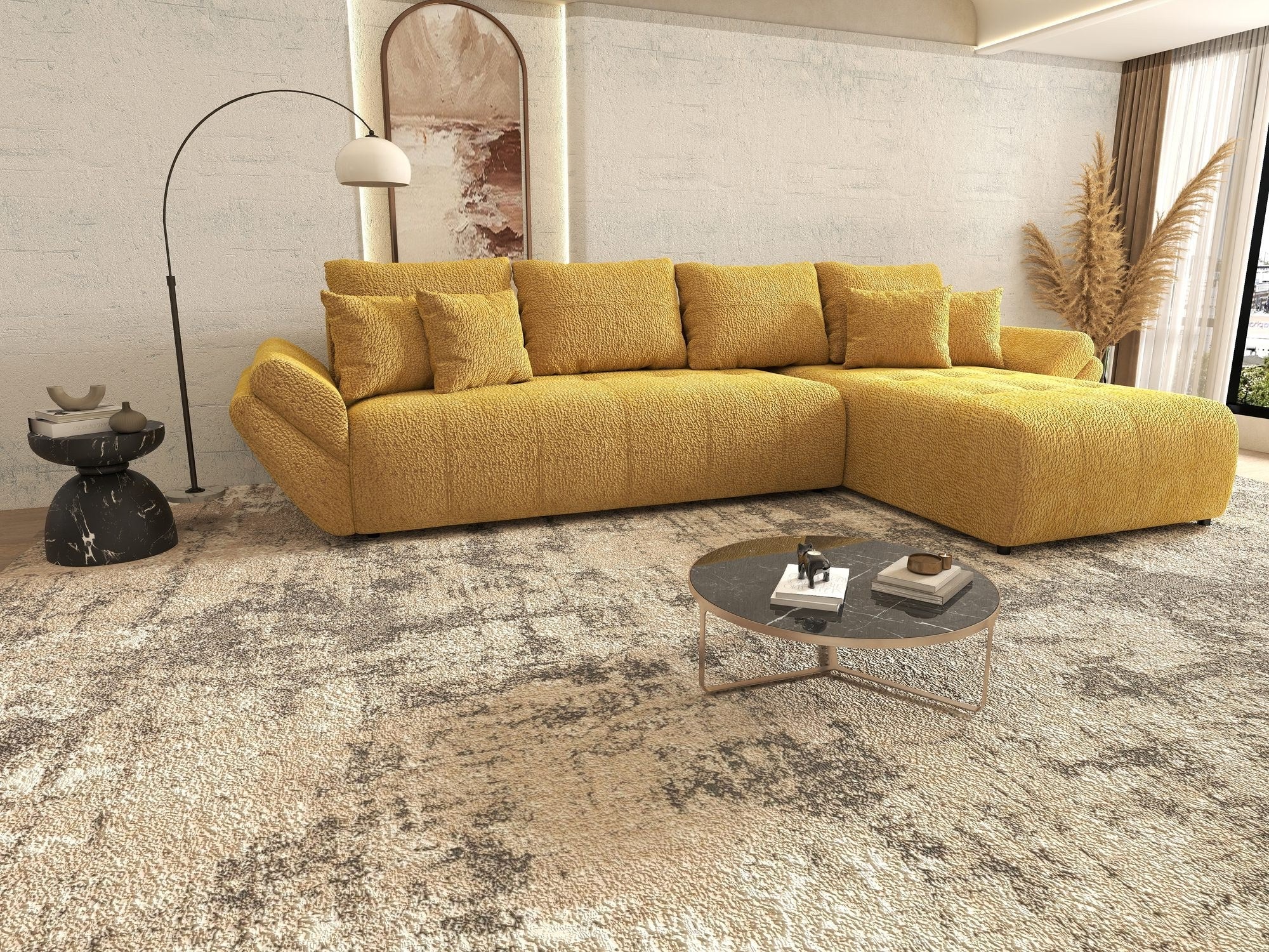 Colțar extensibil dumonde cu ladă de depozitare si sezut confortabil din spuma high-density, Berlin XL Jaguar Galben Mustar 11 II 350x185 cm