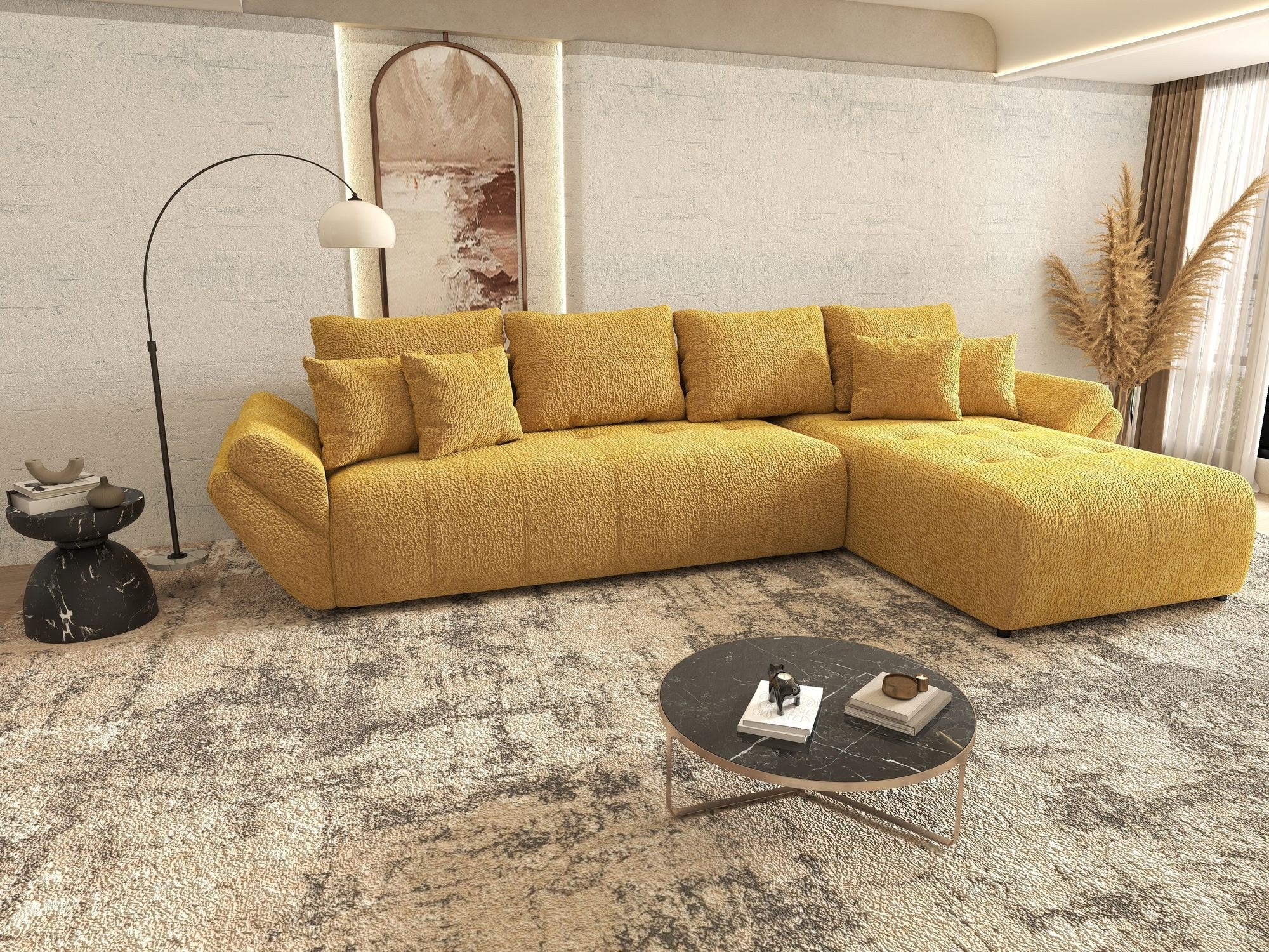 Colțar extensibil dumonde cu ladă de depozitare si sezut confortabil din spuma high-density, Berlin XL Jaguar Galben Mustar 11 II 350x185 cm
