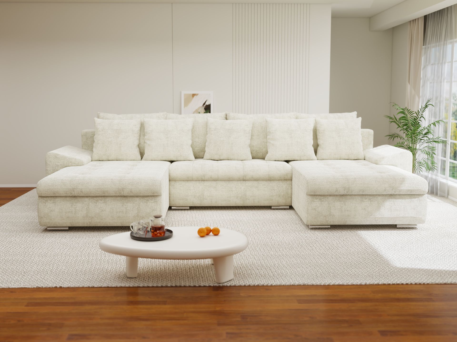 Colțar extensibil dumonde cu ladă de depozitare si sezut confortabil din spuma high-density, Leonardo U Cremona Bej 01 360x185 cm