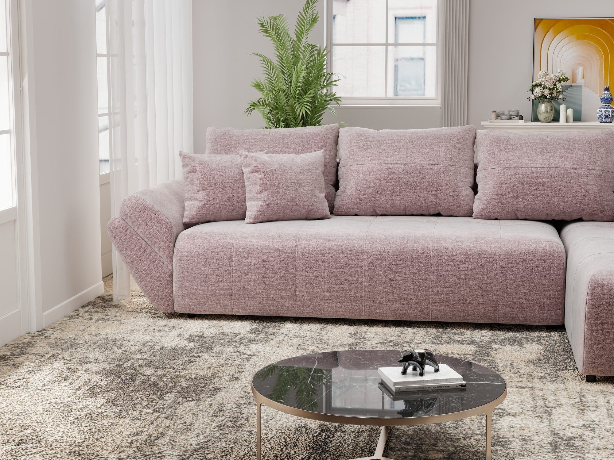Colțar extensibil dumonde cu ladă de depozitare si sezut confortabil din spuma high-density, Berlin XL Monolith Roz Pudrat 62 II 350x185 cm