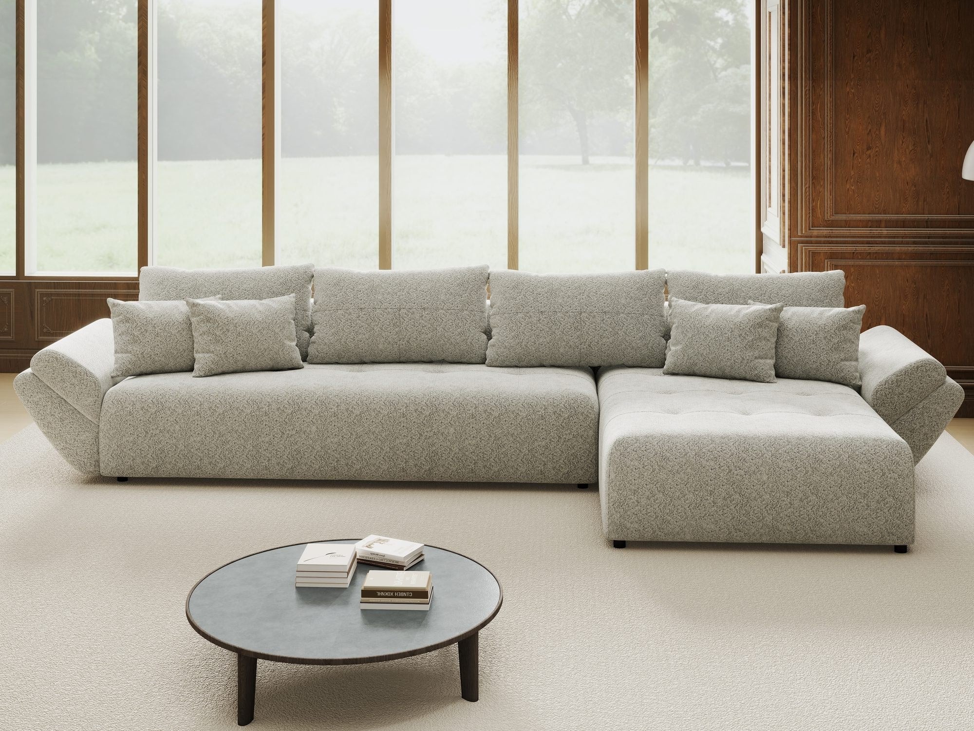 Colțar extensibil dumonde cu ladă de depozitare si sezut confortabil din spuma high-density, Berlin XL Arena Gri 15 II 350x185 cm