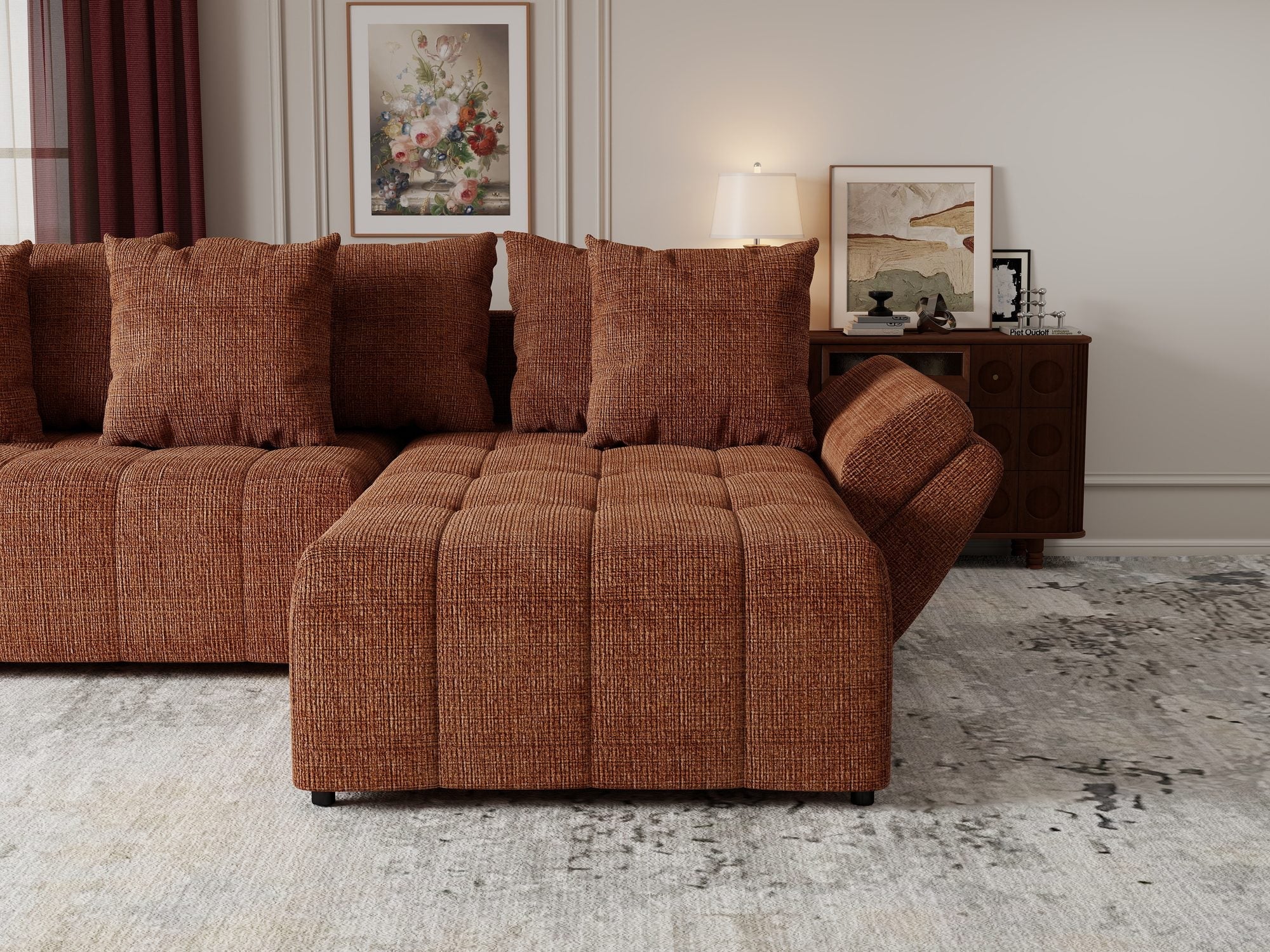 Colțar extensibil dumonde cu ladă de depozitare si sezut confortabil din spuma high-density, Berlin Cremona Teracota 52 II 280x185 cm
