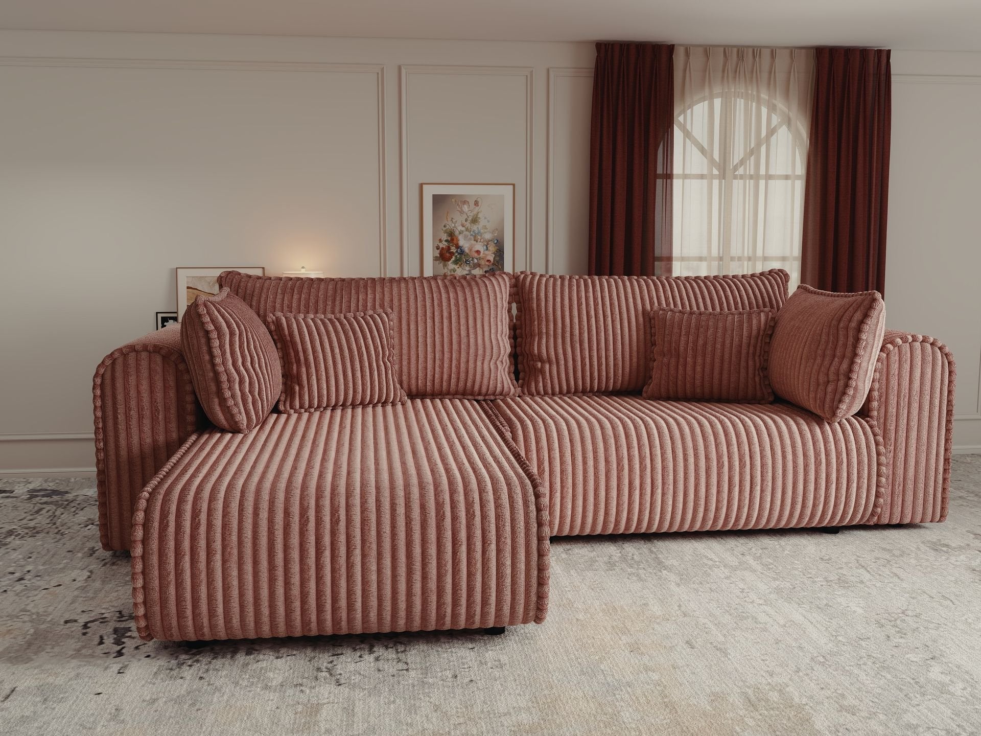 Colțar extensibil dumonde cu ladă de depozitare si sezut confortabil din spuma high-density, Monaco L Tilia Roz 270x100 cm