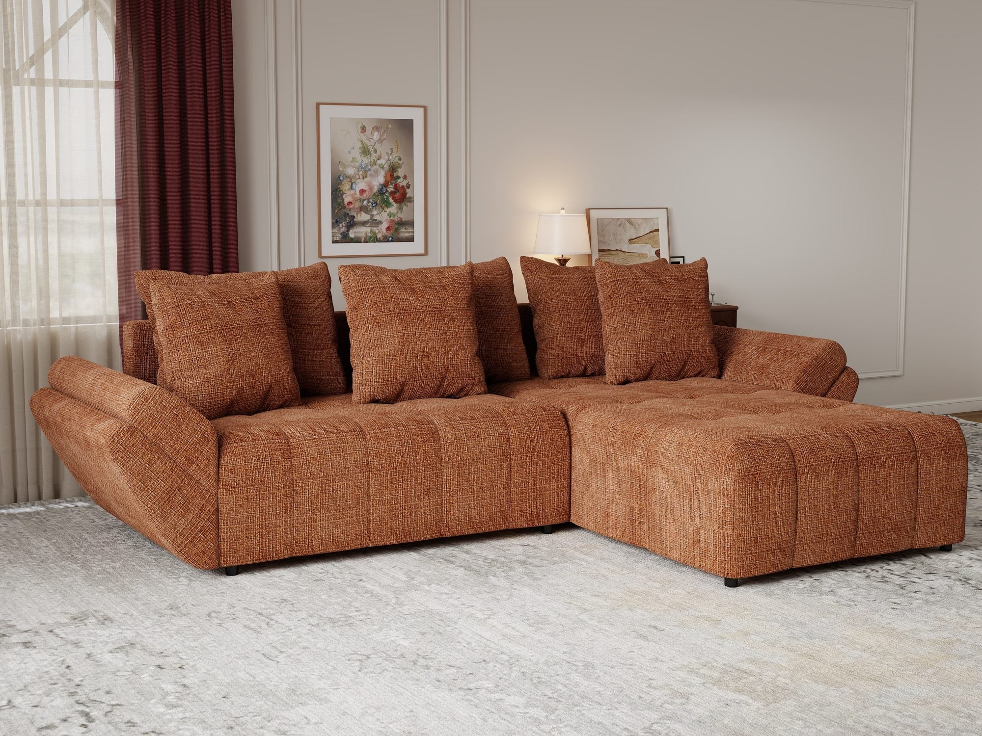 Colțar extensibil dumonde cu ladă de depozitare si sezut confortabil din spuma high-density, Berlin Cremona Teracota 52 II 280x185 cm