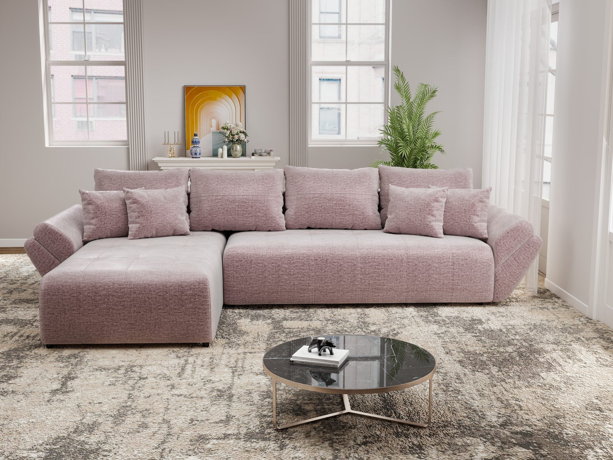 Colțar extensibil dumonde cu ladă de depozitare si sezut confortabil din spuma high-density, Berlin XL Monolith Roz Pudrat 62 350x185 cm
