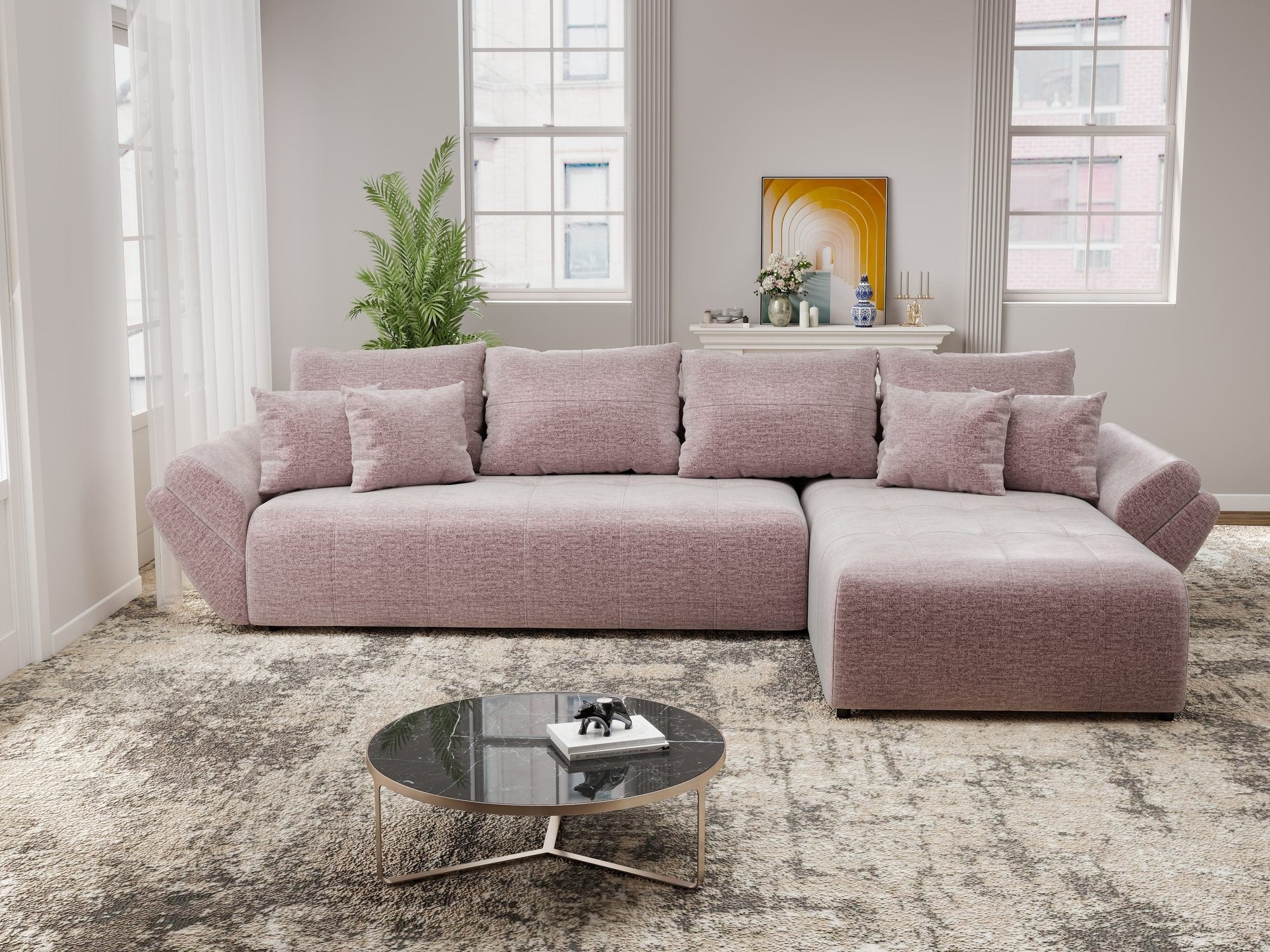 Colțar extensibil dumonde cu ladă de depozitare si sezut confortabil din spuma high-density, Berlin XL Monolith Roz Pudrat 62 II 350x185 cm