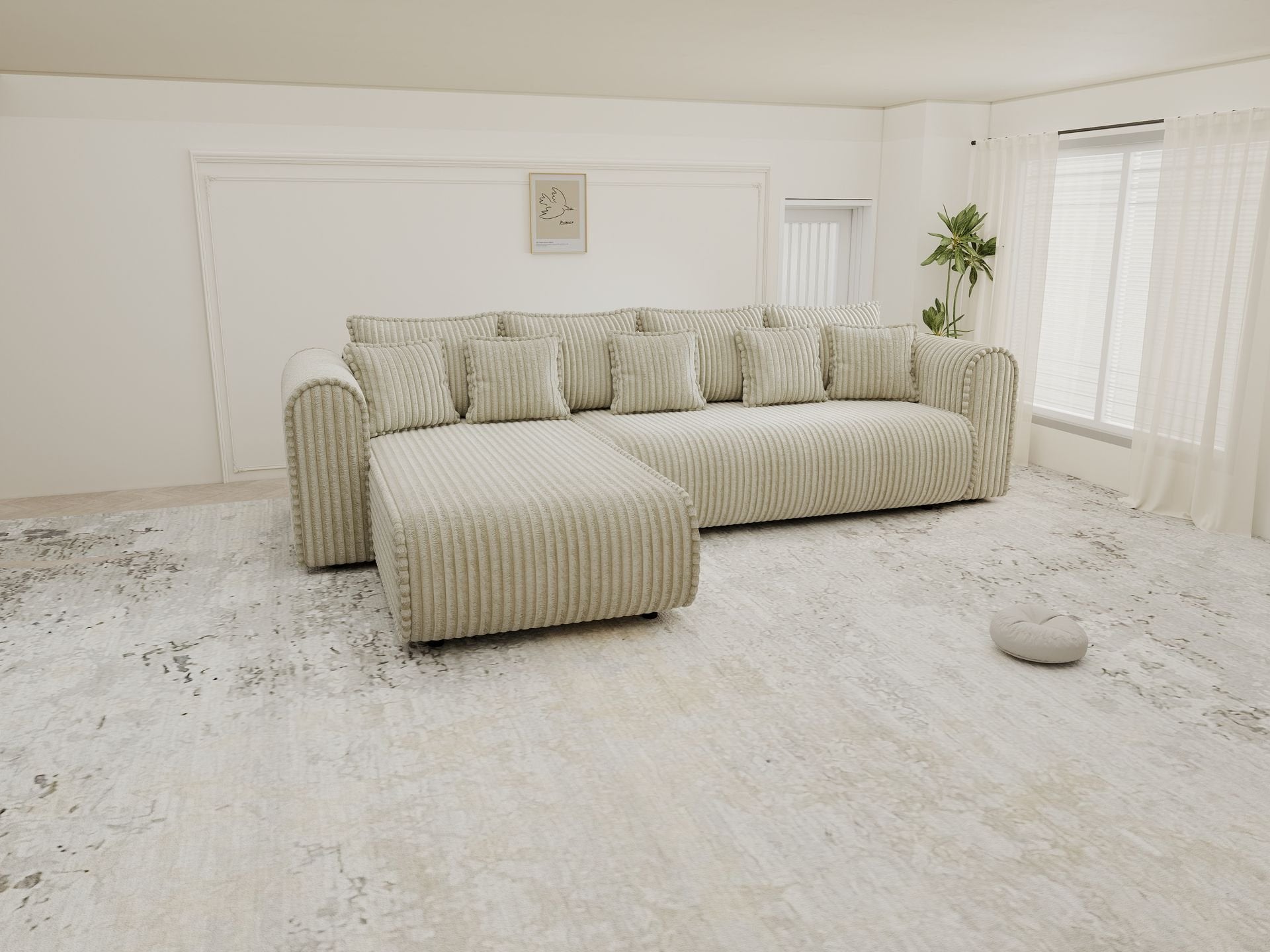 Colțar extensibil dumonde cu ladă de depozitare si sezut confortabil din spuma high-density, Monaco XL Tilia Bej 340x185 cm