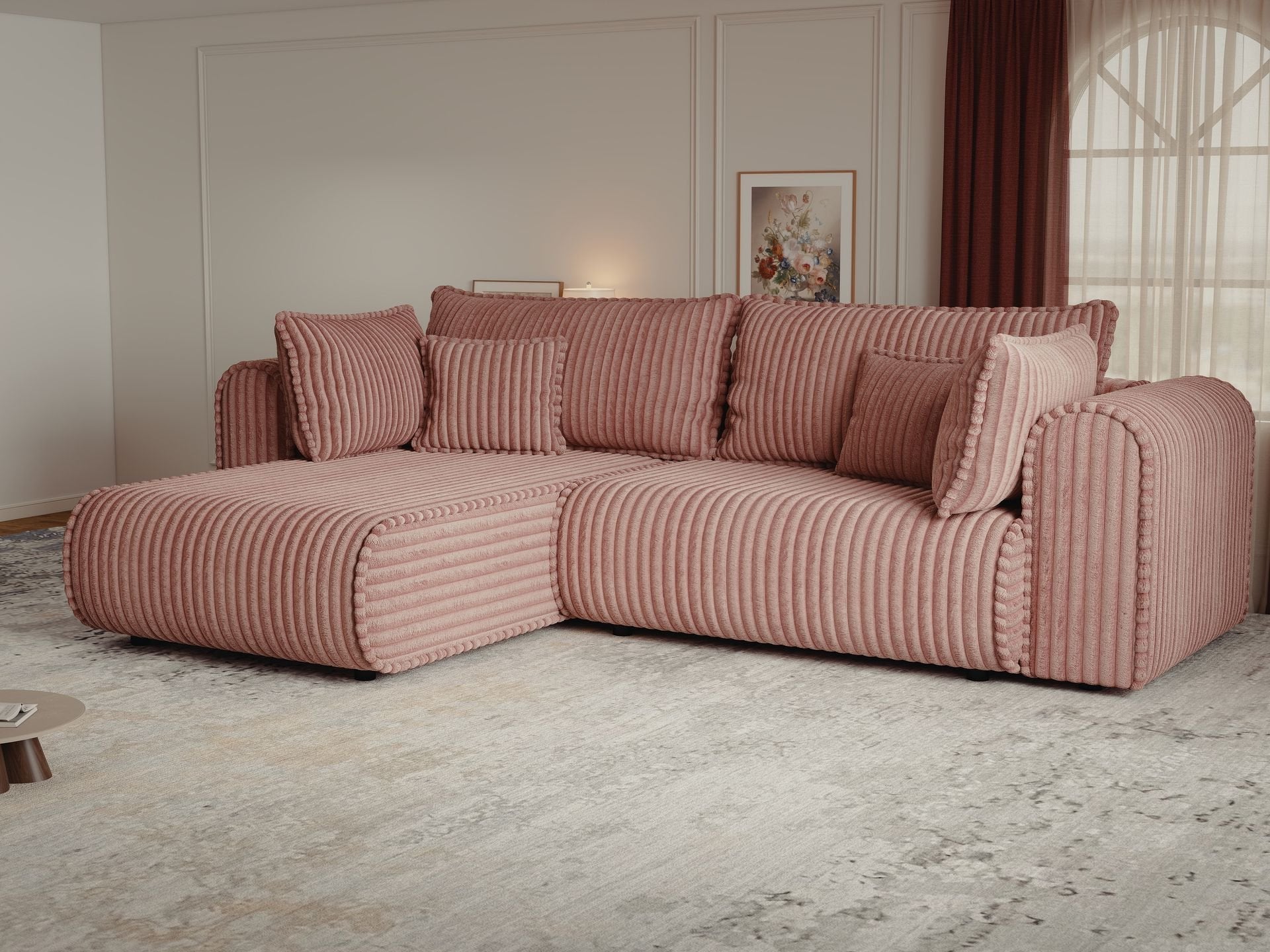 Colțar extensibil dumonde cu ladă de depozitare si sezut confortabil din spuma high-density, Monaco L Tilia Roz 270x100 cm