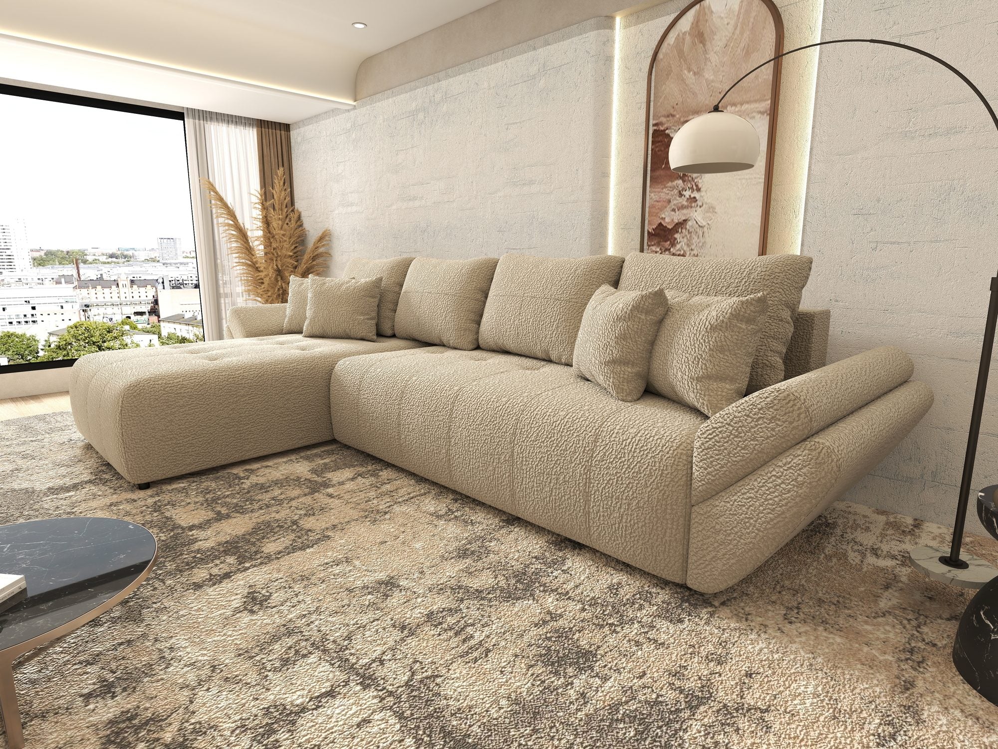 Colțar extensibil dumonde cu ladă de depozitare si sezut confortabil din spuma high-density, Berlin XL Jaguar Bej 4 350x185 cm