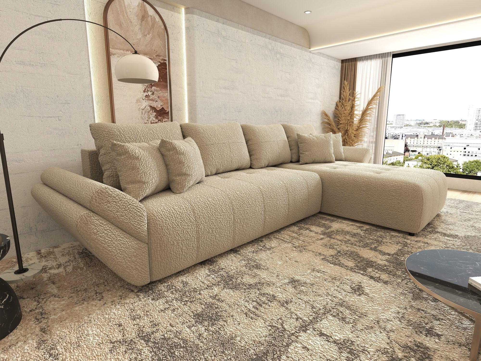 Colțar extensibil dumonde cu ladă de depozitare si sezut confortabil din spuma high-density, Berlin XL Jaguar Bej 4 II 350x185 cm