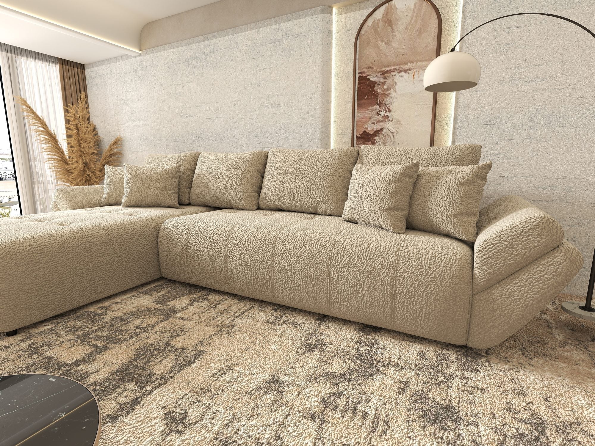 Colțar extensibil dumonde cu ladă de depozitare si sezut confortabil din spuma high-density, Berlin XL Jaguar Bej 4 350x185 cm