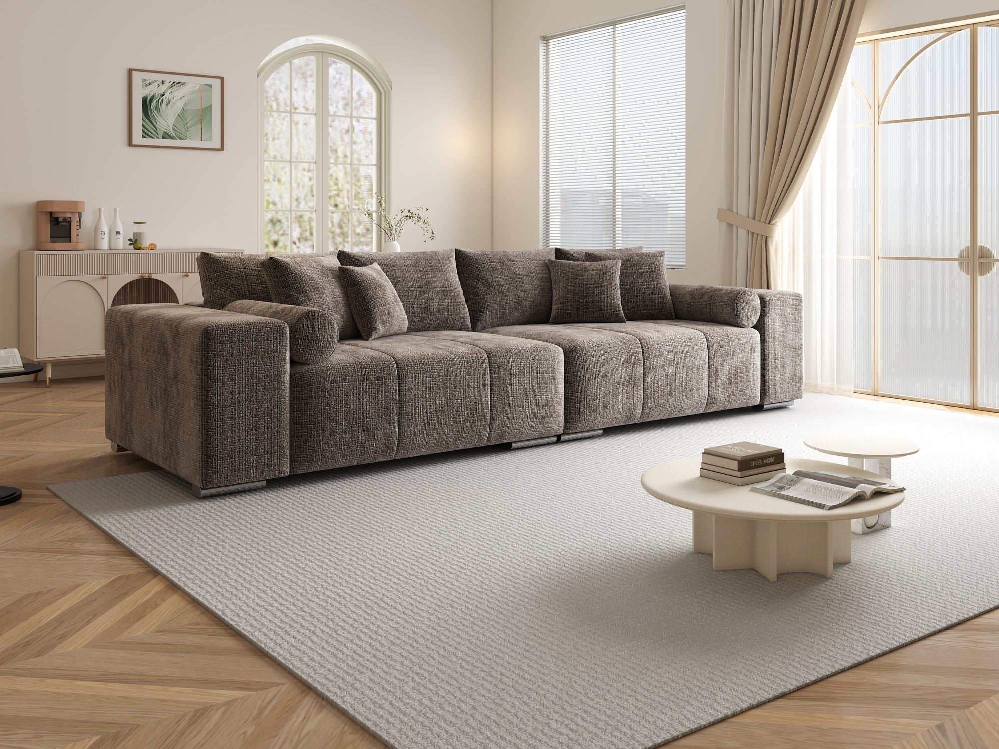 Canapea extensibilă dumonde cu ladă de depozitare si sezut confortabil din spuma high-density, Marbela XXL Cremona Maro-bej 24 290x100 cm