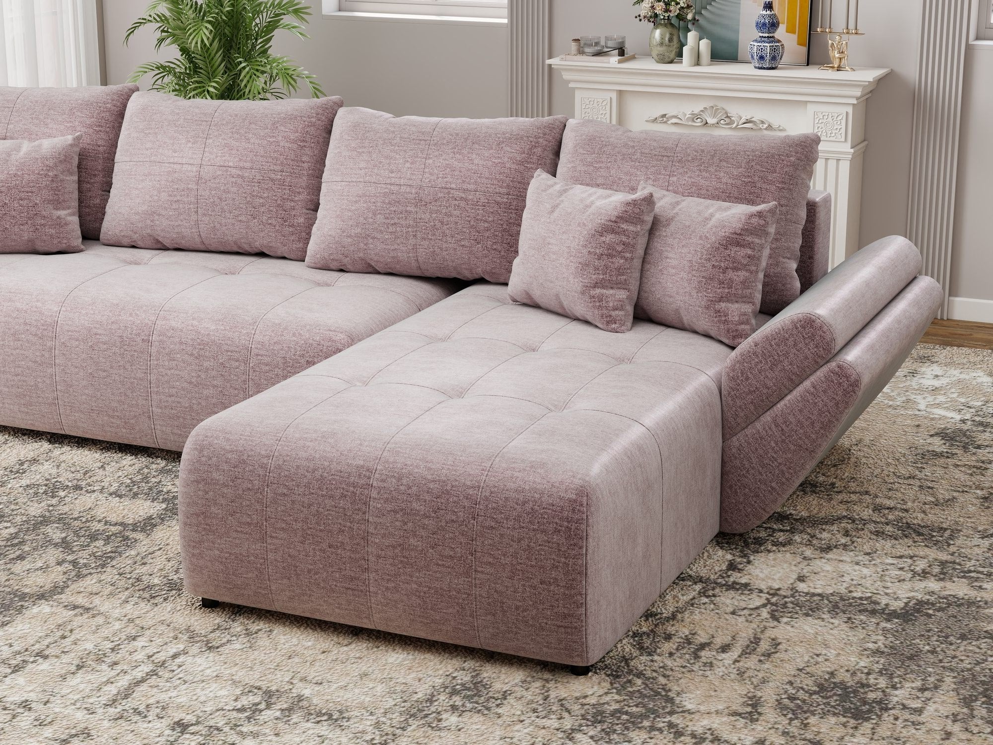 Colțar extensibil dumonde cu ladă de depozitare si sezut confortabil din spuma high-density, Berlin XL Monolith Roz Pudrat 62 II 350x185 cm
