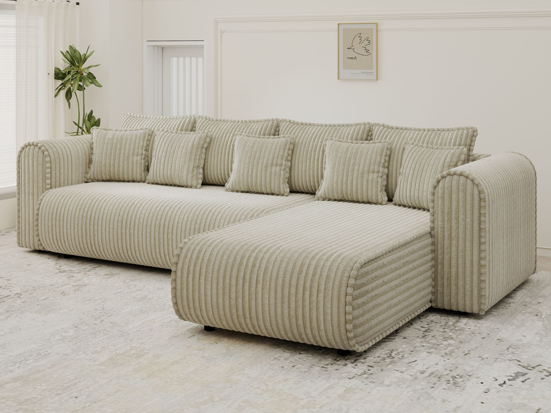 Colțar extensibil dumonde cu ladă de depozitare si sezut confortabil din spuma high-density, Monaco XL Tilia Bej II 340x185 cm