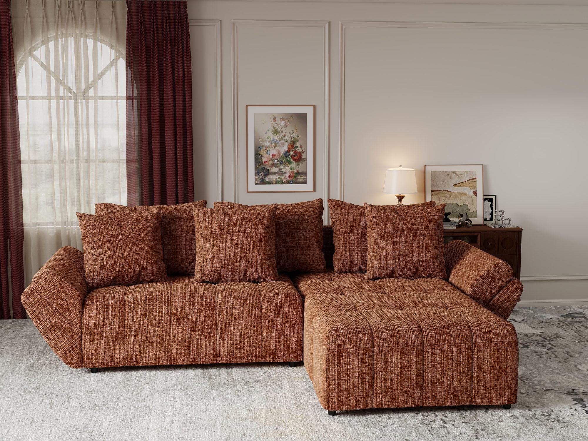 Colțar extensibil dumonde cu ladă de depozitare si sezut confortabil din spuma high-density, Berlin Cremona Teracota 52 II 280x185 cm