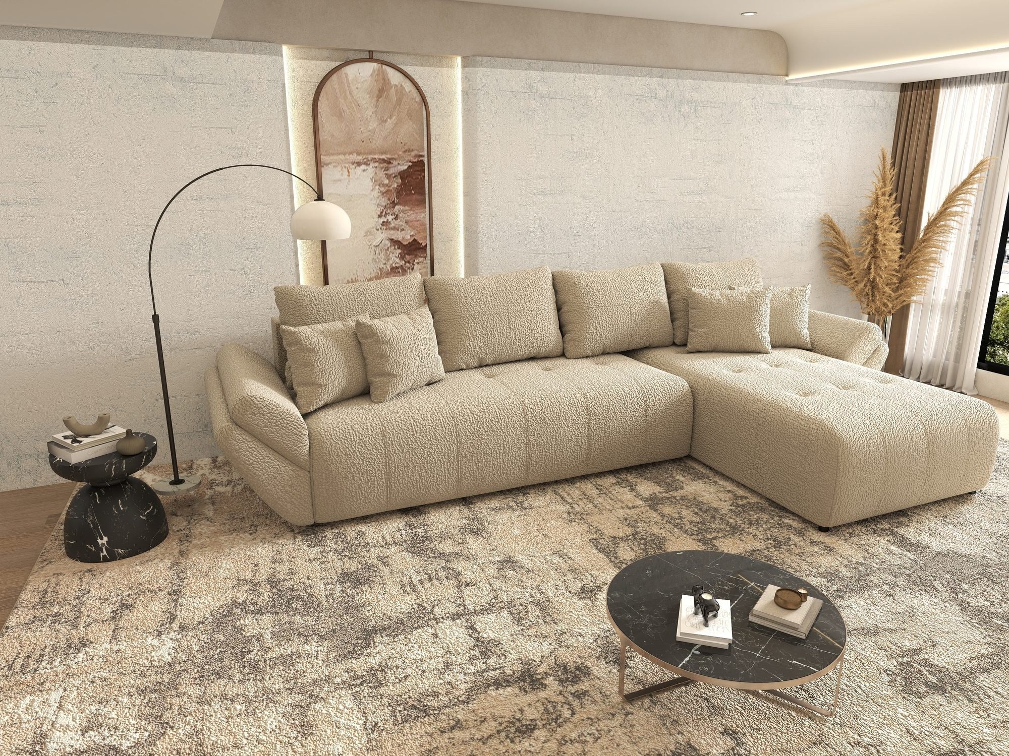 Colțar extensibil dumonde cu ladă de depozitare si sezut confortabil din spuma high-density, Berlin XL Jaguar Bej 4 II 350x185 cm
