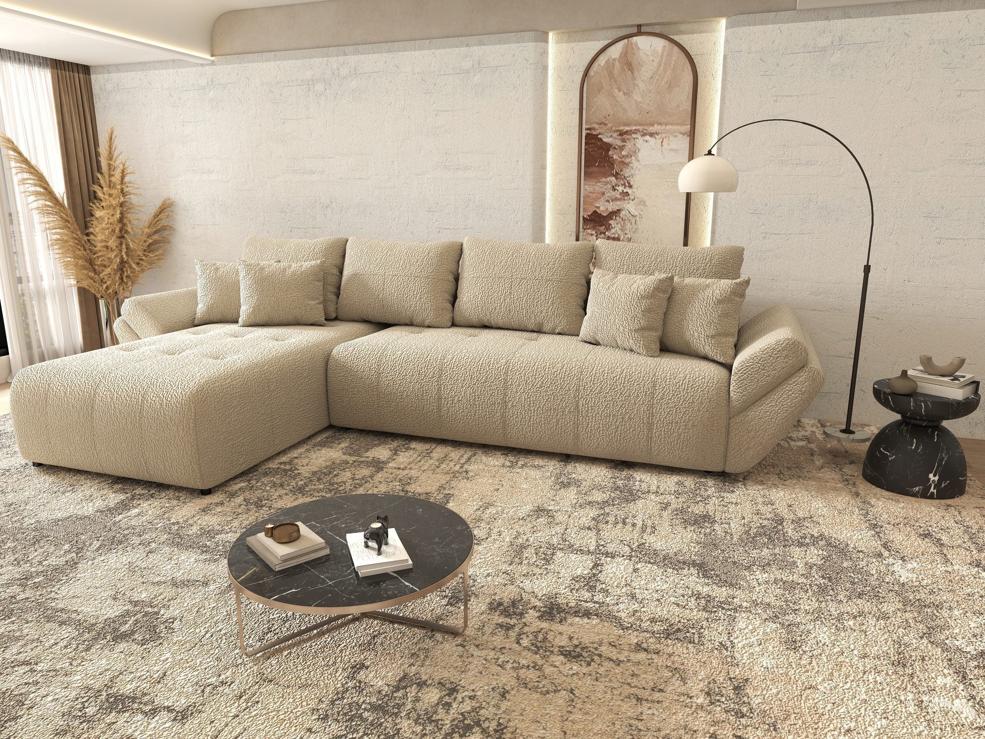 Colțar extensibil dumonde cu ladă de depozitare si sezut confortabil din spuma high-density, Berlin XL Jaguar Bej 4 350x185 cm