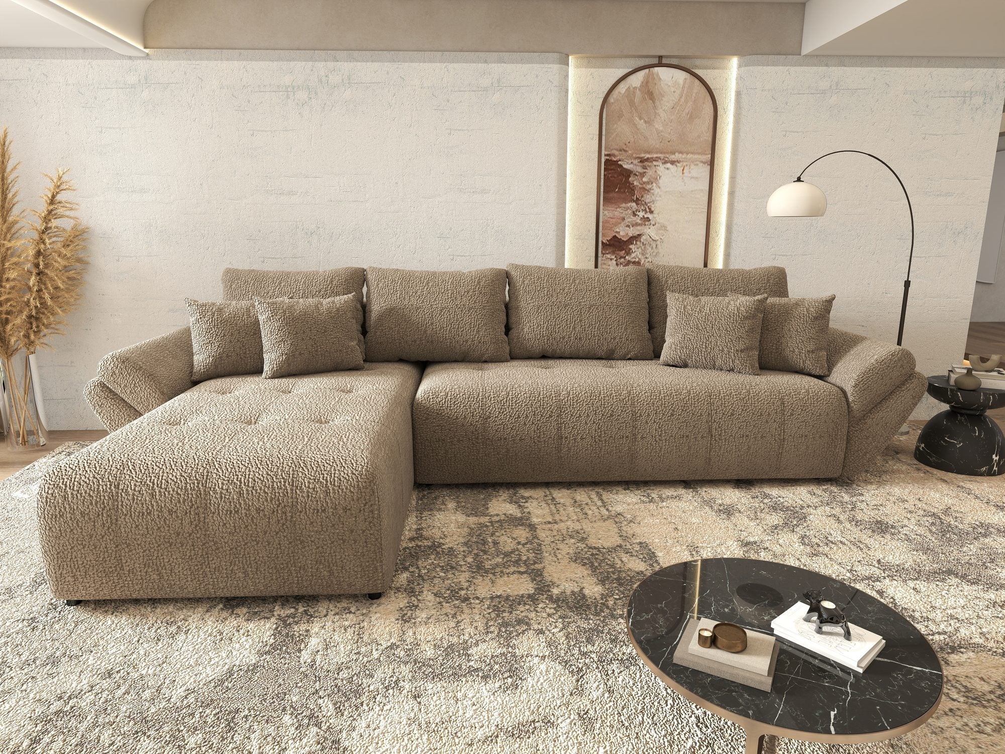 Colțar extensibil dumonde cu ladă de depozitare si sezut confortabil din spuma high-density, Berlin XL Jaguar Maro Cappuccino 8 350x185 cm