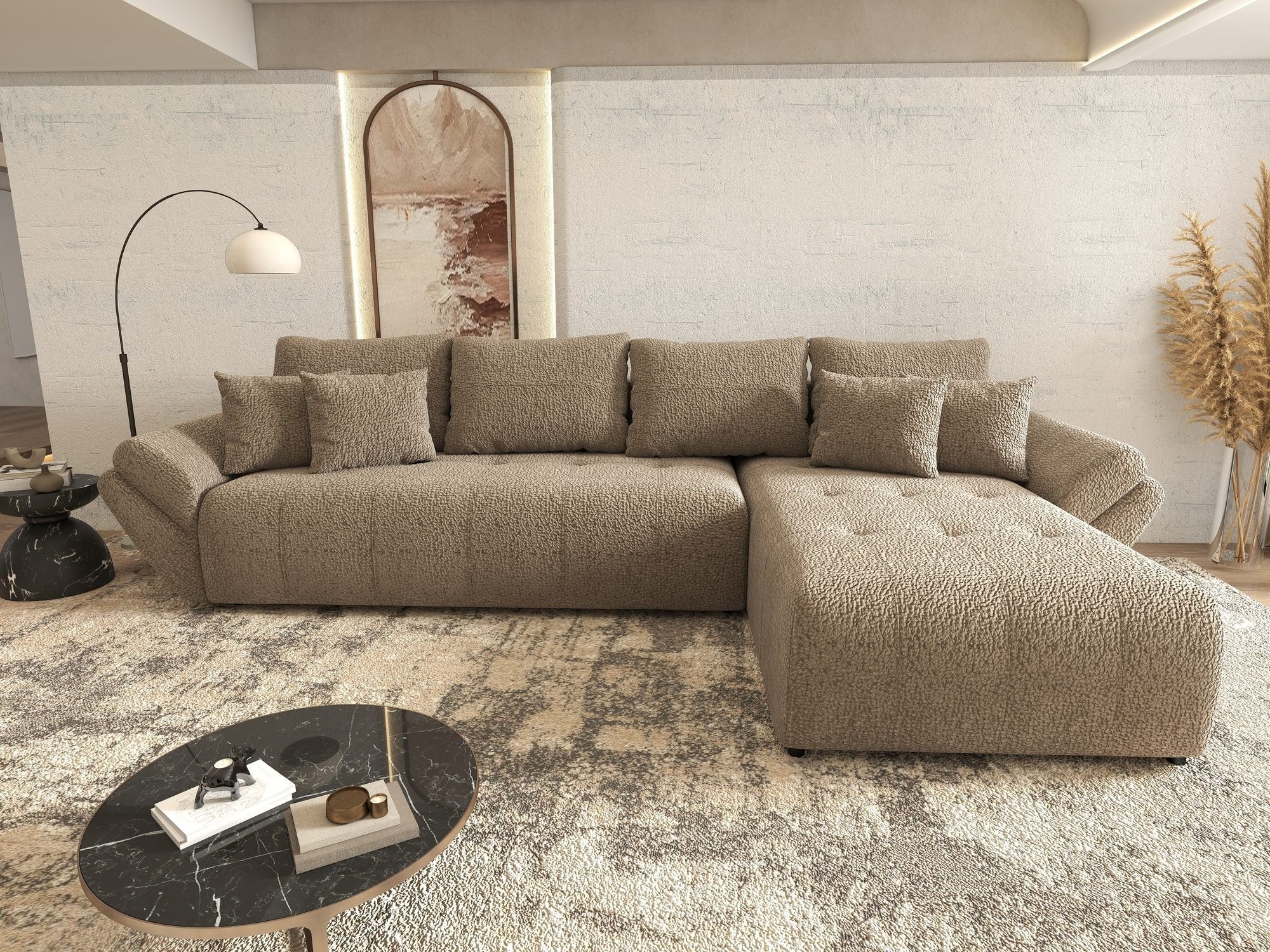 Colțar extensibil dumonde cu ladă de depozitare si sezut confortabil din spuma high-density, Berlin XL Jaguar Maro Cappuccino 8 II 350x185 cm