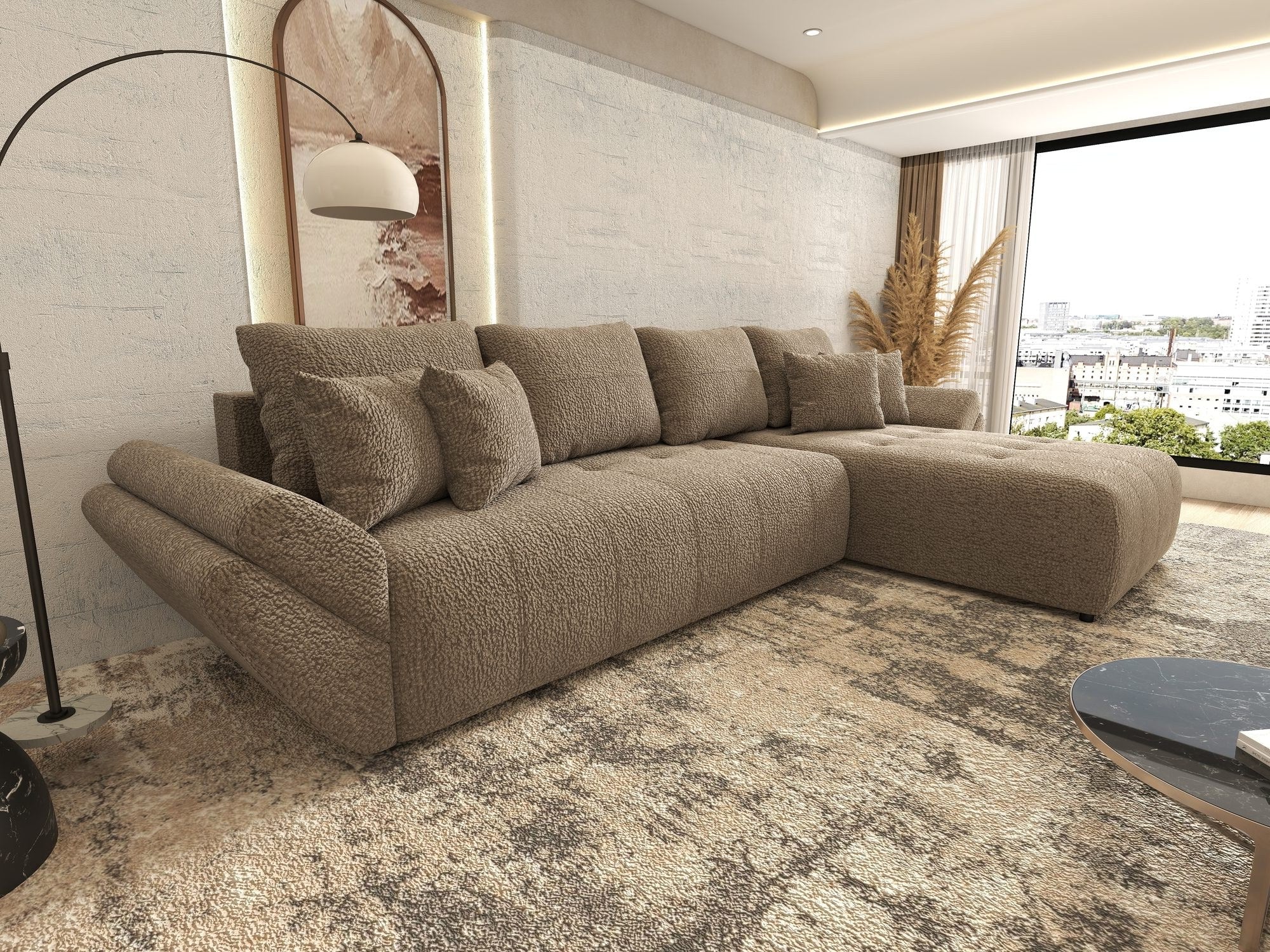 Colțar extensibil dumonde cu ladă de depozitare si sezut confortabil din spuma high-density, Berlin XL Jaguar Maro Cappuccino 8 II 350x185 cm