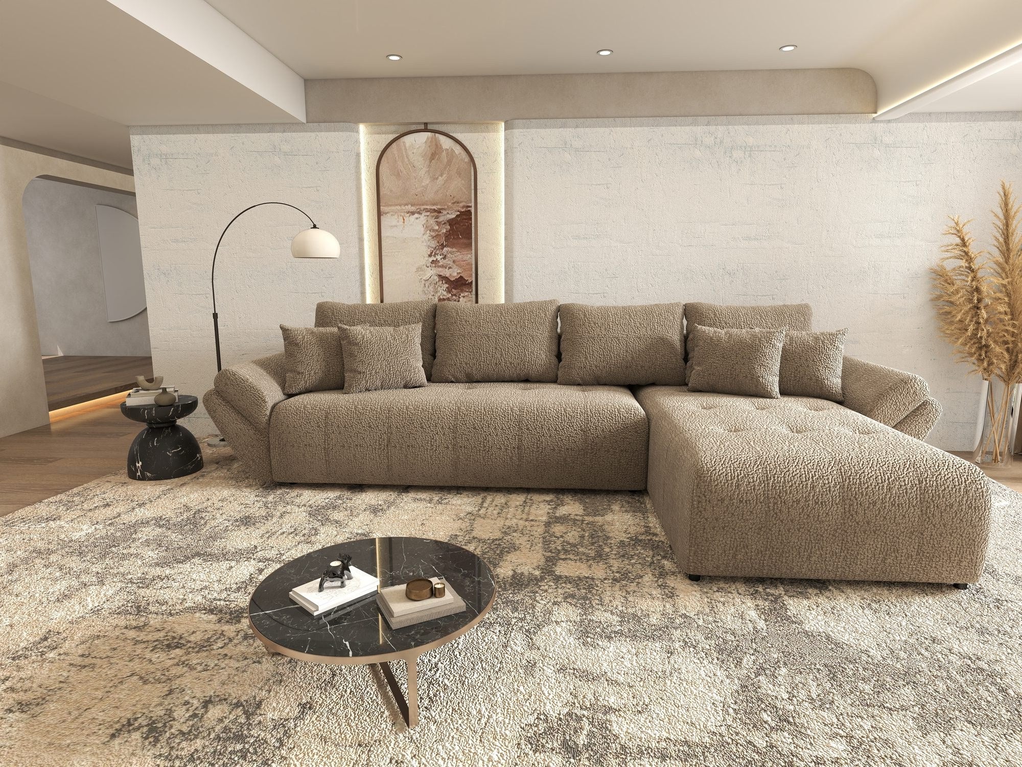 Colțar extensibil dumonde cu ladă de depozitare si sezut confortabil din spuma high-density, Berlin XL Jaguar Maro Cappuccino 8 II 350x185 cm