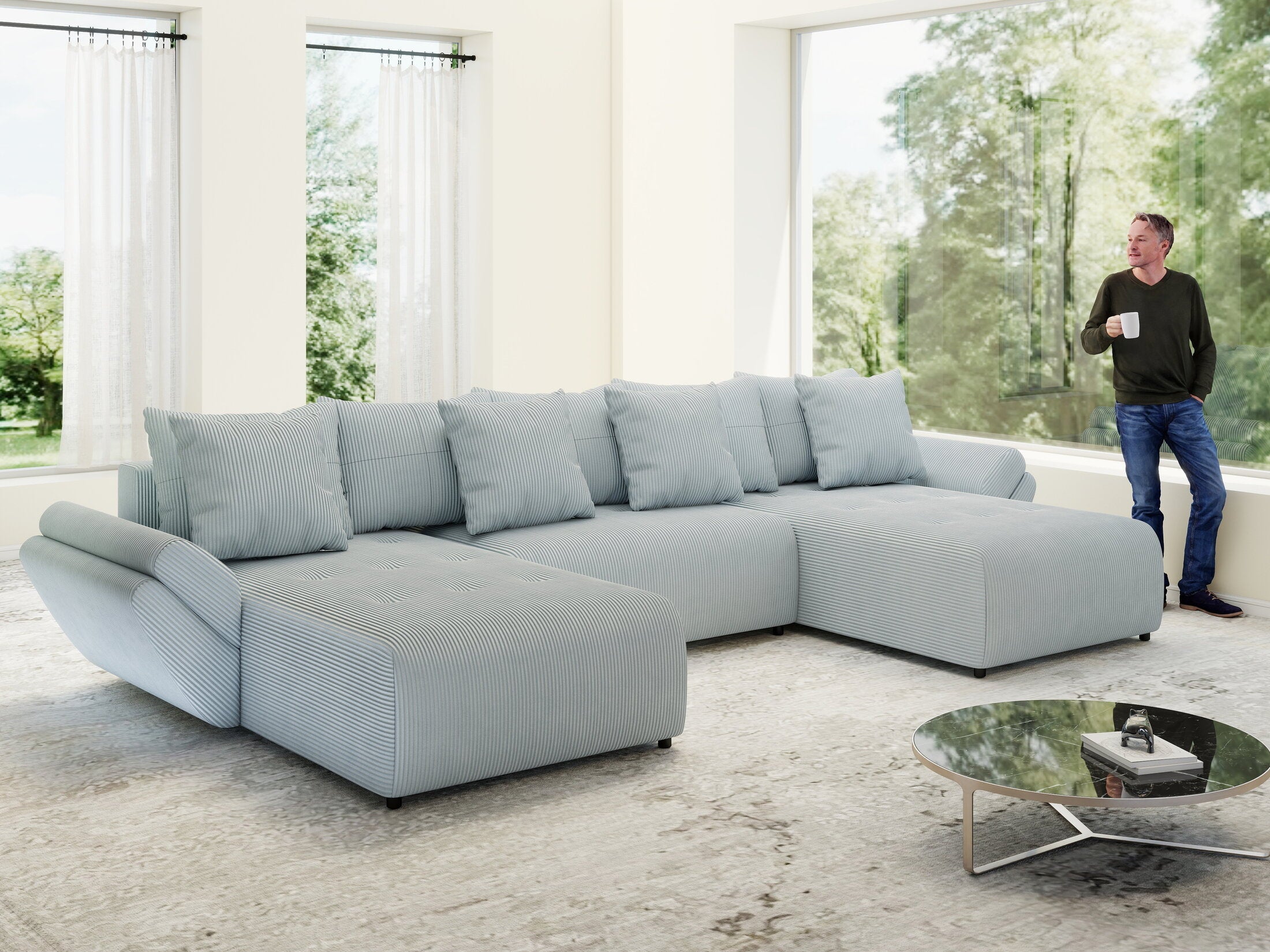 Colțar extensibil dumonde cu ladă de depozitare si sezut confortabil din spuma high-density, Berlin U Zoom GREY 400x185 cm
