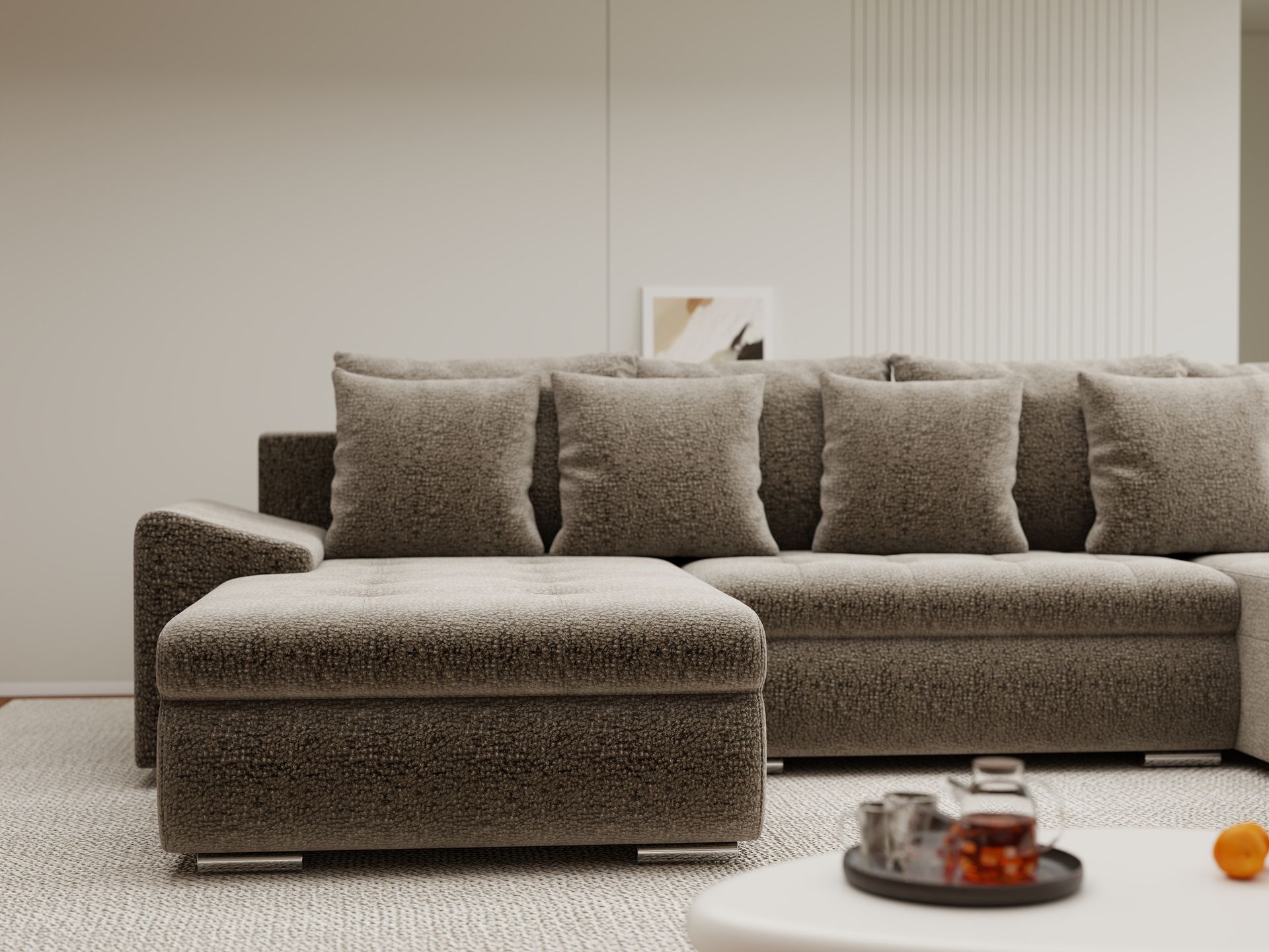 Colțar extensibil dumonde cu ladă de depozitare si sezut confortabil din spuma high-density, Leonardo U Jaguar Maro Cappuccino 08 360x185 cm