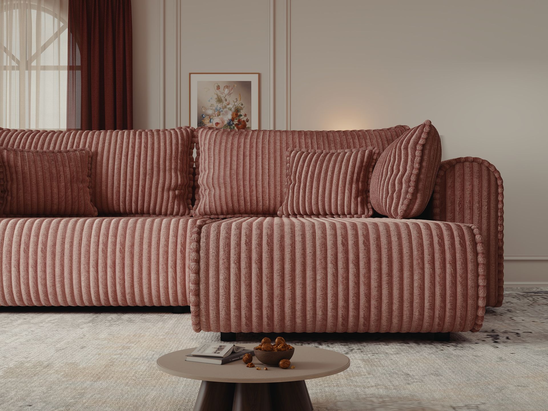 Colțar extensibil dumonde cu ladă de depozitare si sezut confortabil din spuma high-density, Monaco L Tilia Roz II 270x100 cm
