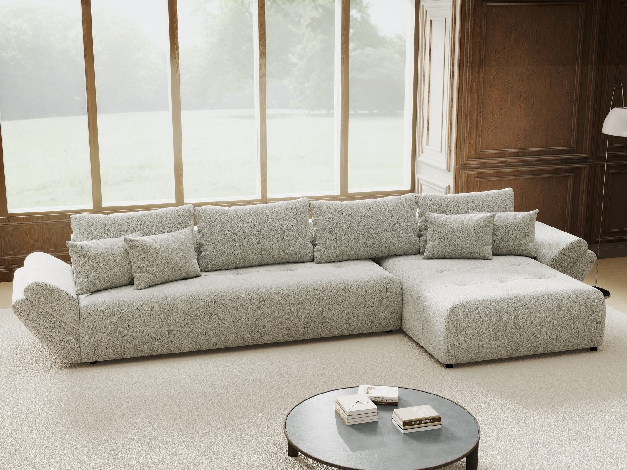 Colțar extensibil dumonde cu ladă de depozitare si sezut confortabil din spuma high-density, Berlin XL Arena Gri 15 II 350x185 cm