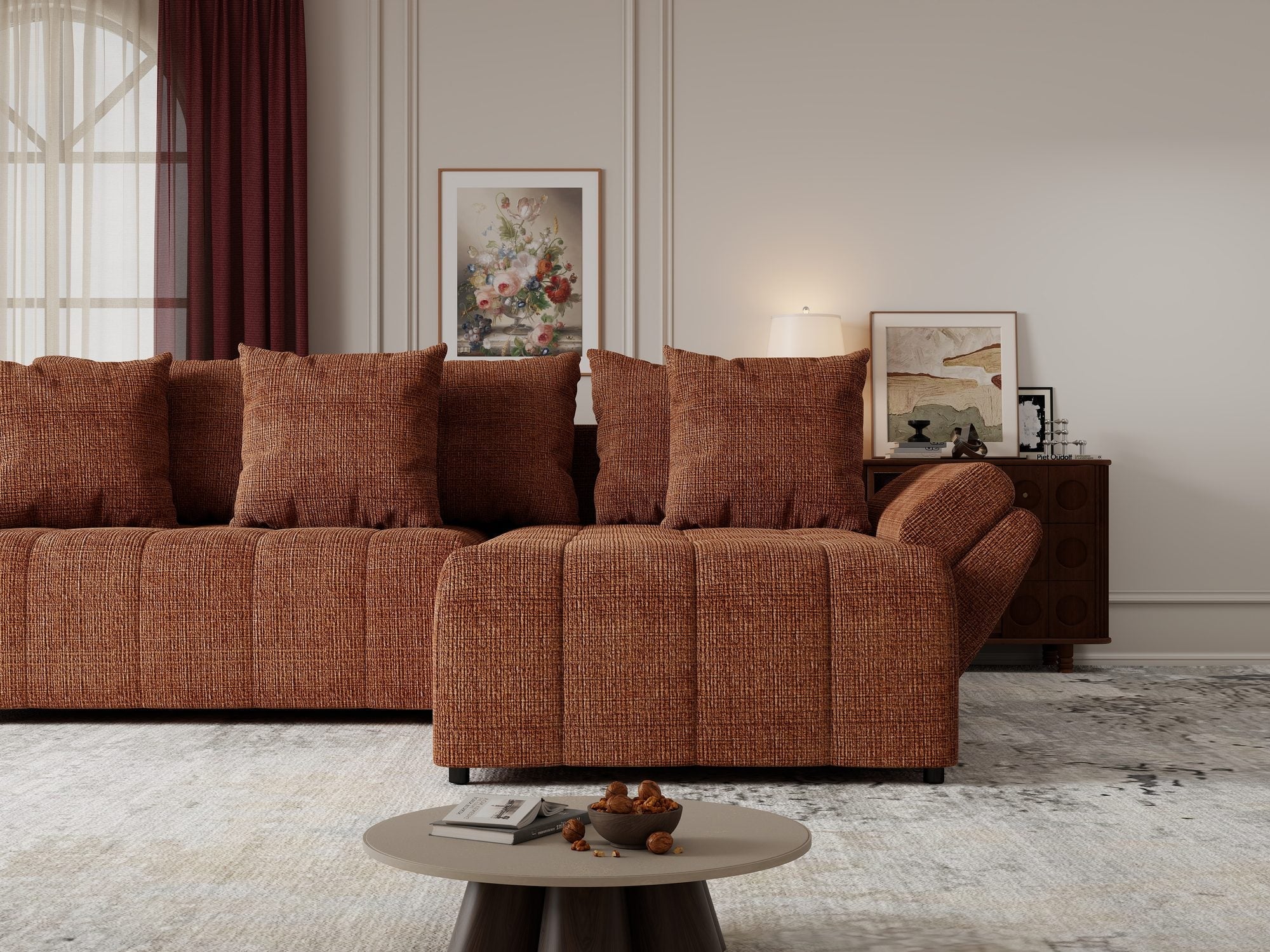 Colțar extensibil dumonde cu ladă de depozitare si sezut confortabil din spuma high-density, Berlin Cremona Teracota 52 II 280x185 cm