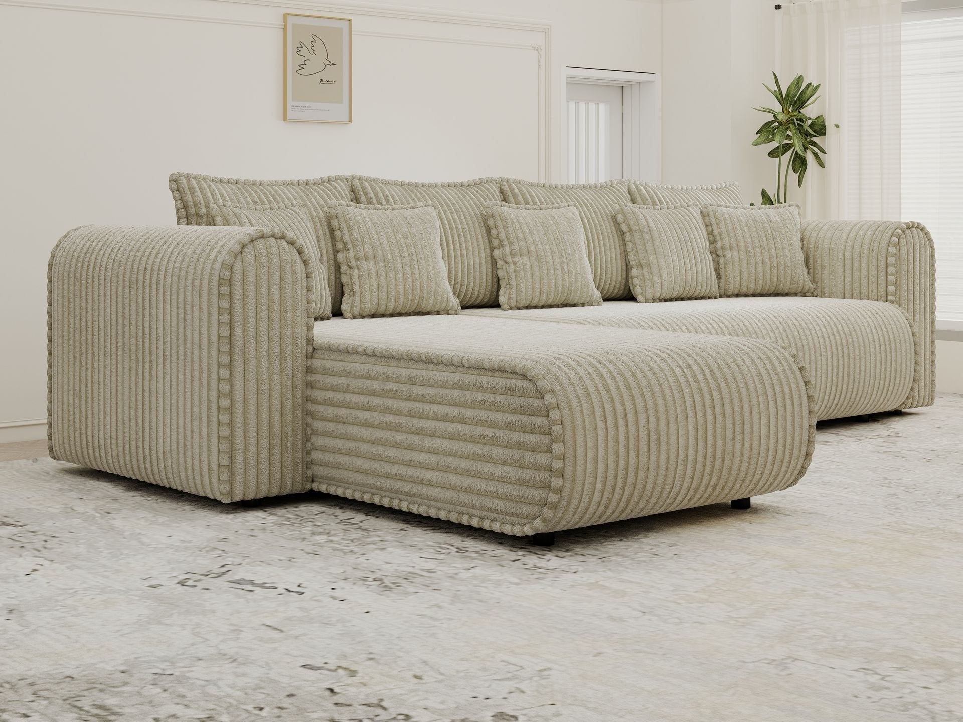 Colțar extensibil dumonde cu ladă de depozitare si sezut confortabil din spuma high-density, Monaco XL Tilia Bej 340x185 cm