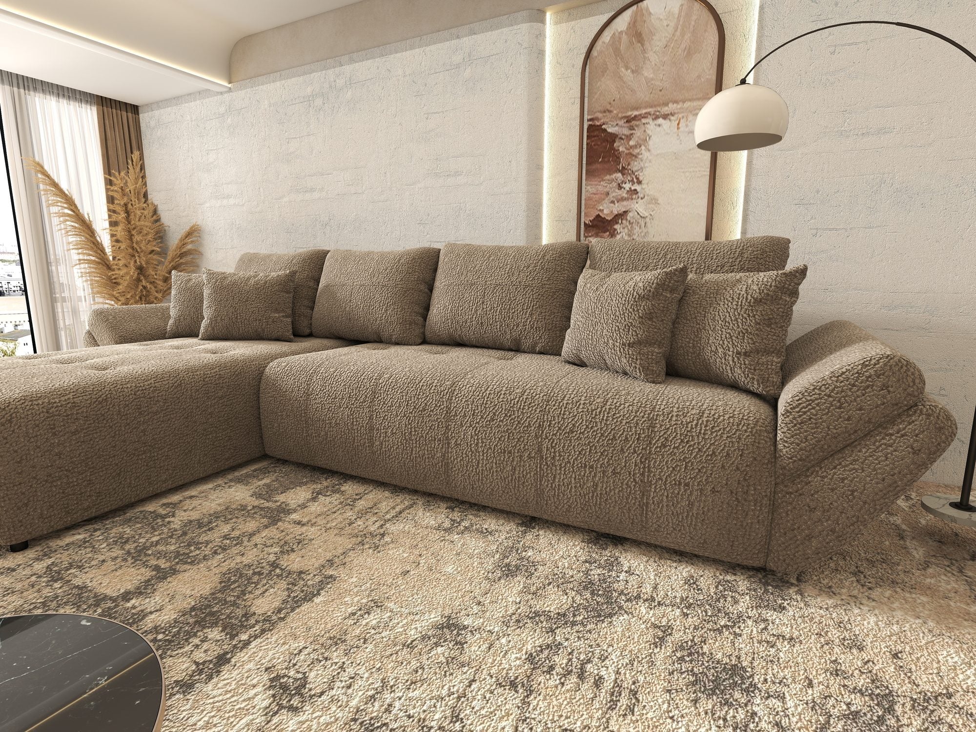 Colțar extensibil dumonde cu ladă de depozitare si sezut confortabil din spuma high-density, Berlin XL Jaguar Maro Cappuccino 8 350x185 cm