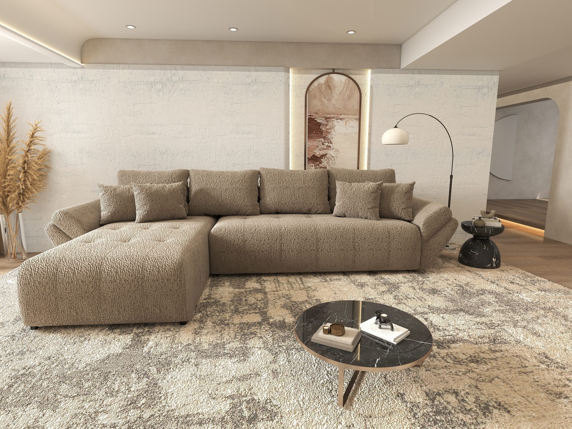 Colțar extensibil dumonde cu ladă de depozitare si sezut confortabil din spuma high-density, Berlin XL Jaguar Maro Cappuccino 8 350x185 cm
