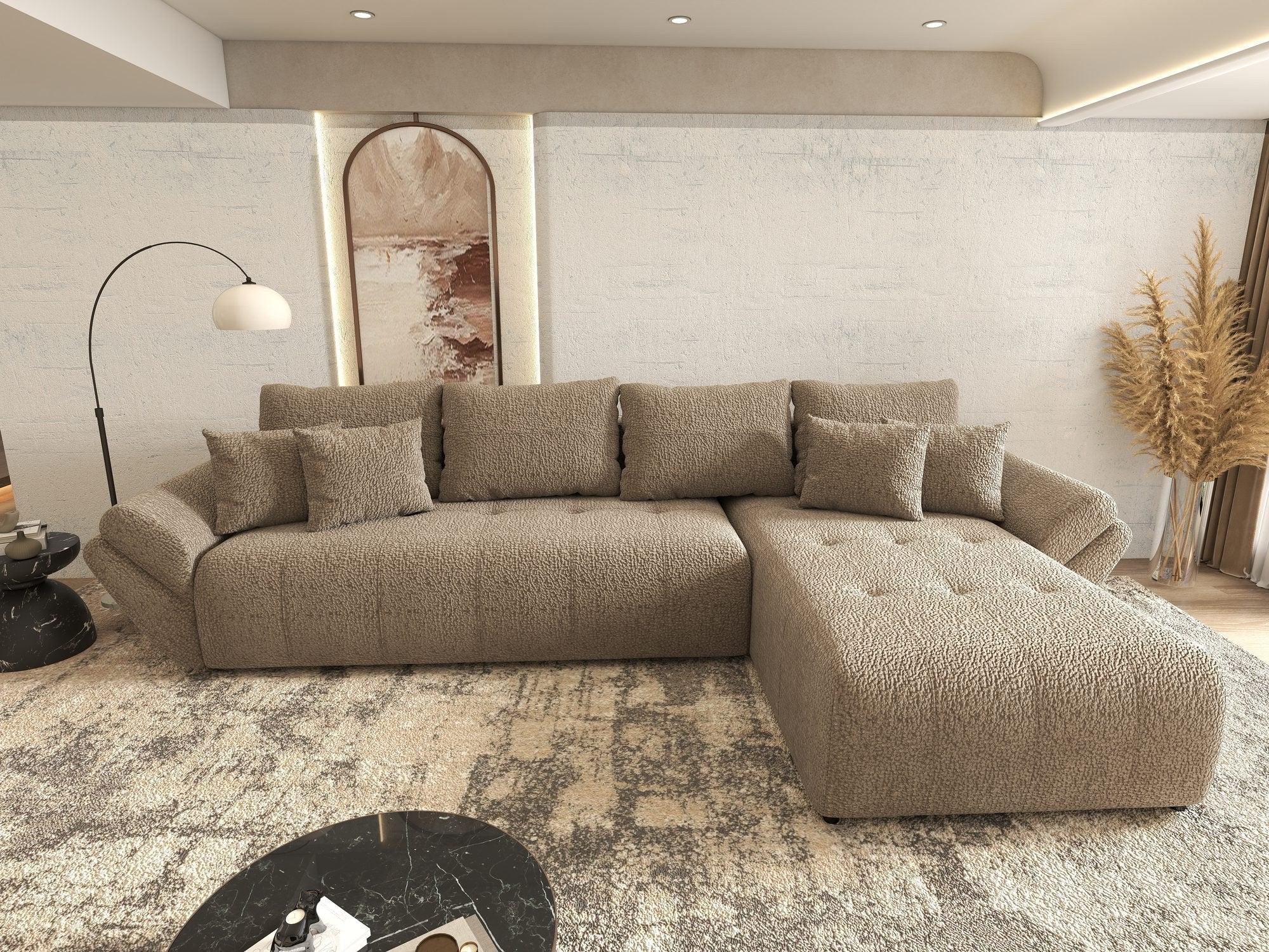 Colțar extensibil dumonde cu ladă de depozitare si sezut confortabil din spuma high-density, Berlin XL Jaguar Maro Cappuccino 8 II 350x185 cm