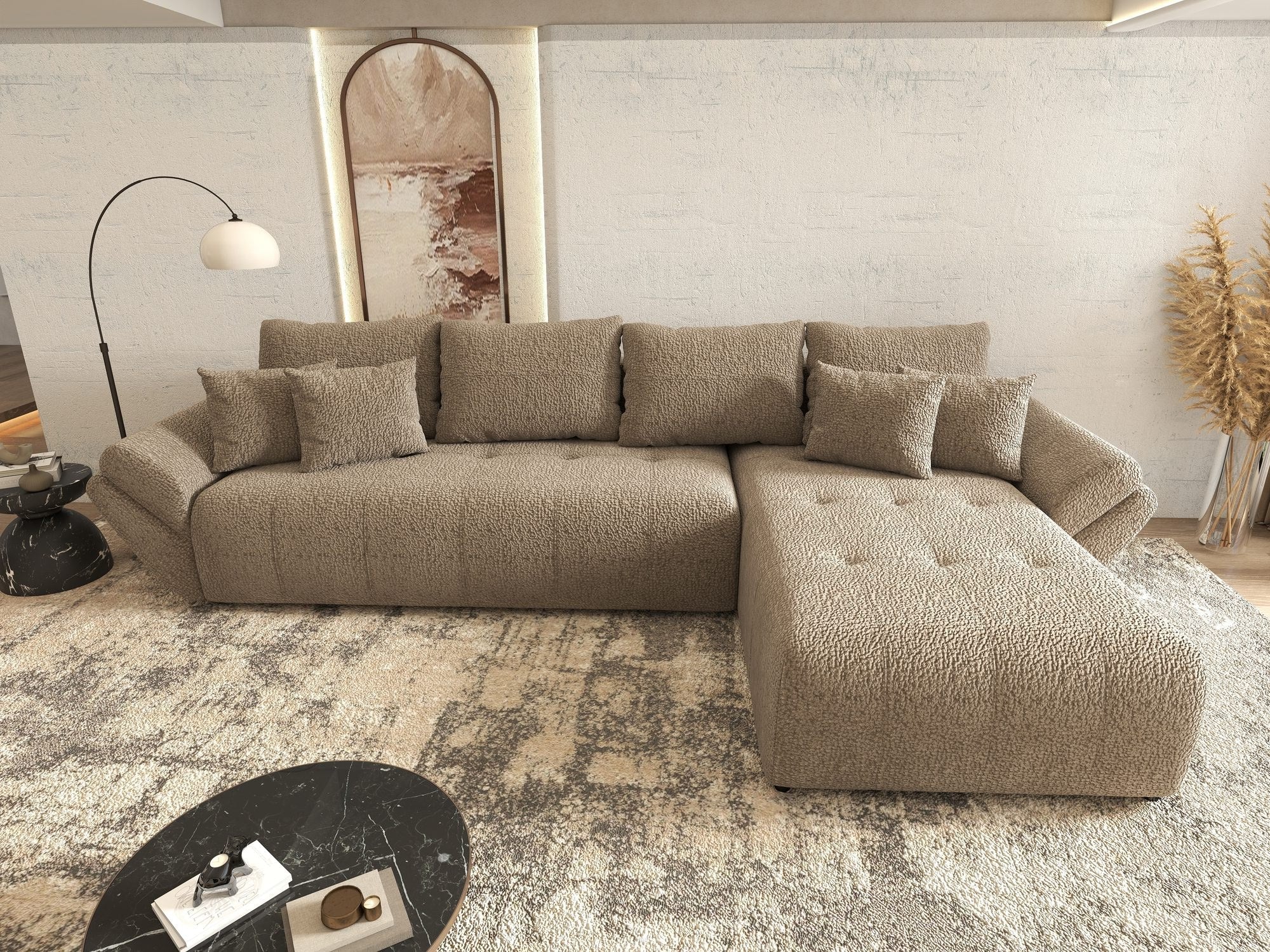 Colțar extensibil dumonde cu ladă de depozitare si sezut confortabil din spuma high-density, Berlin XL Jaguar Maro Cappuccino 8 II 350x185 cm