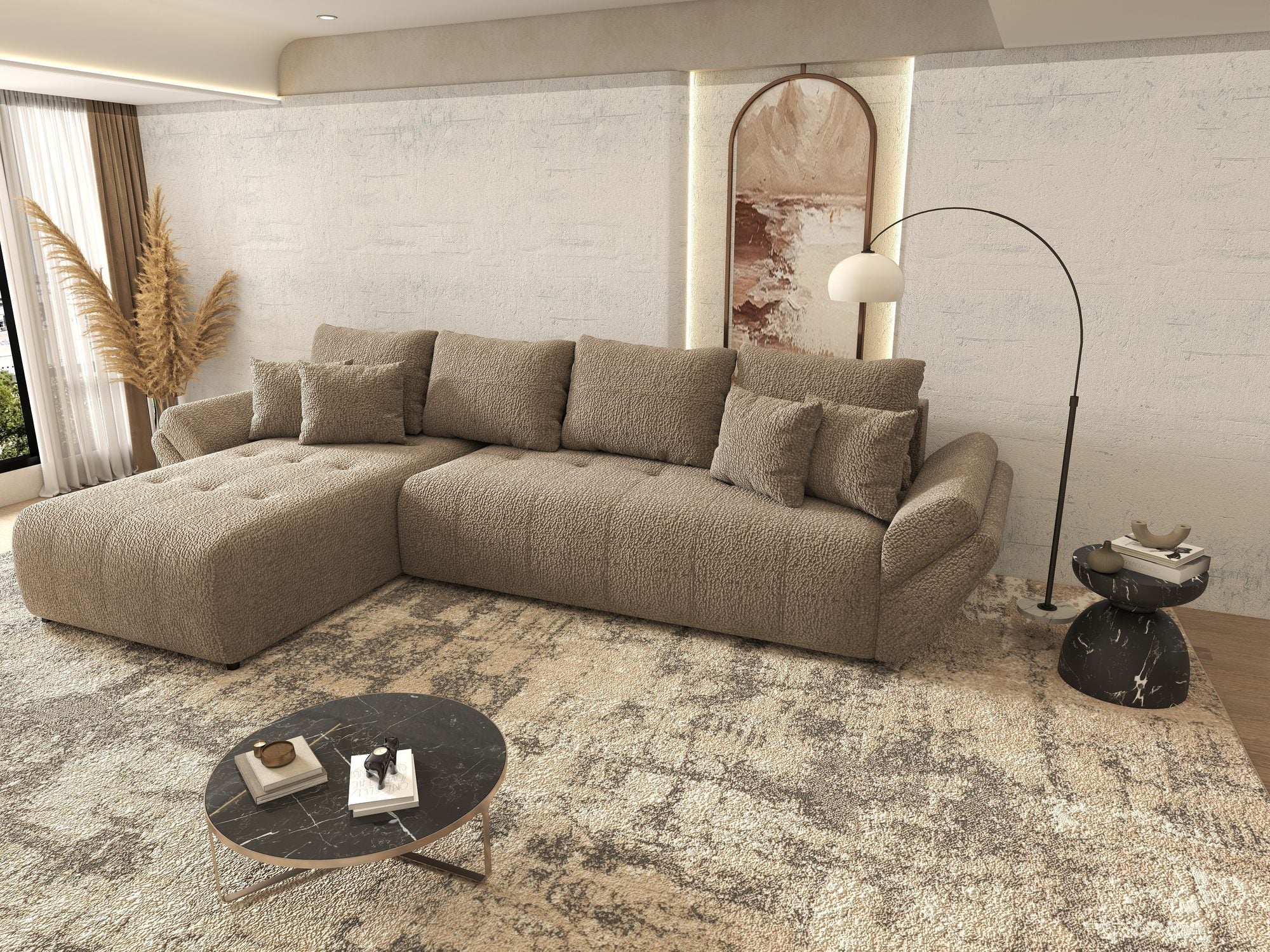 Colțar extensibil dumonde cu ladă de depozitare si sezut confortabil din spuma high-density, Berlin XL Jaguar Maro Cappuccino 8 350x185 cm