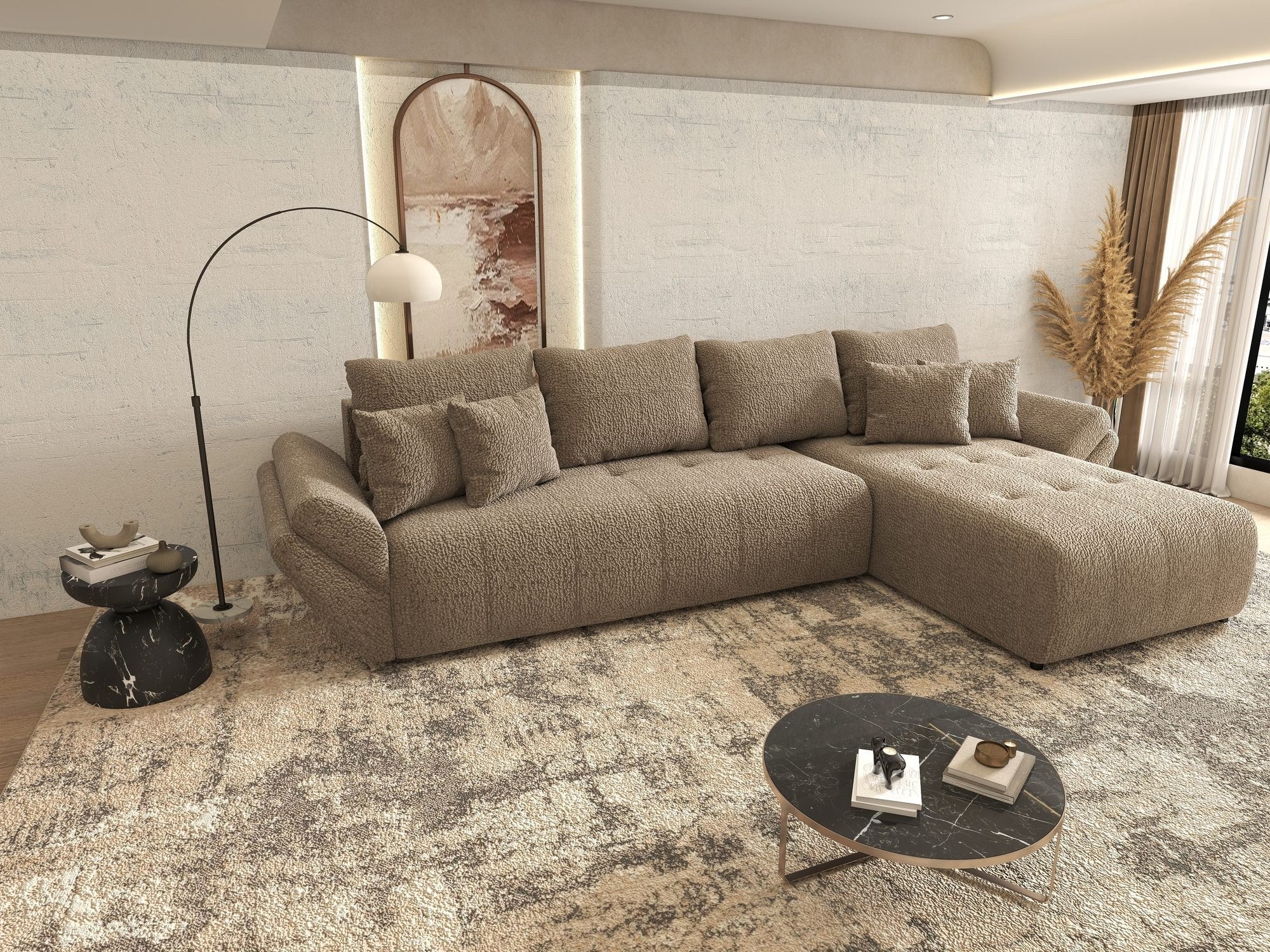 Colțar extensibil dumonde cu ladă de depozitare si sezut confortabil din spuma high-density, Berlin XL Jaguar Maro Cappuccino 8 II 350x185 cm