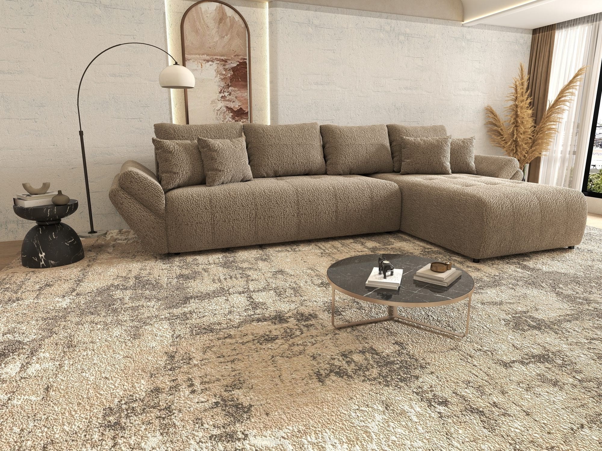 Colțar extensibil dumonde cu ladă de depozitare si sezut confortabil din spuma high-density, Berlin XL Jaguar Maro Cappuccino 8 II 350x185 cm