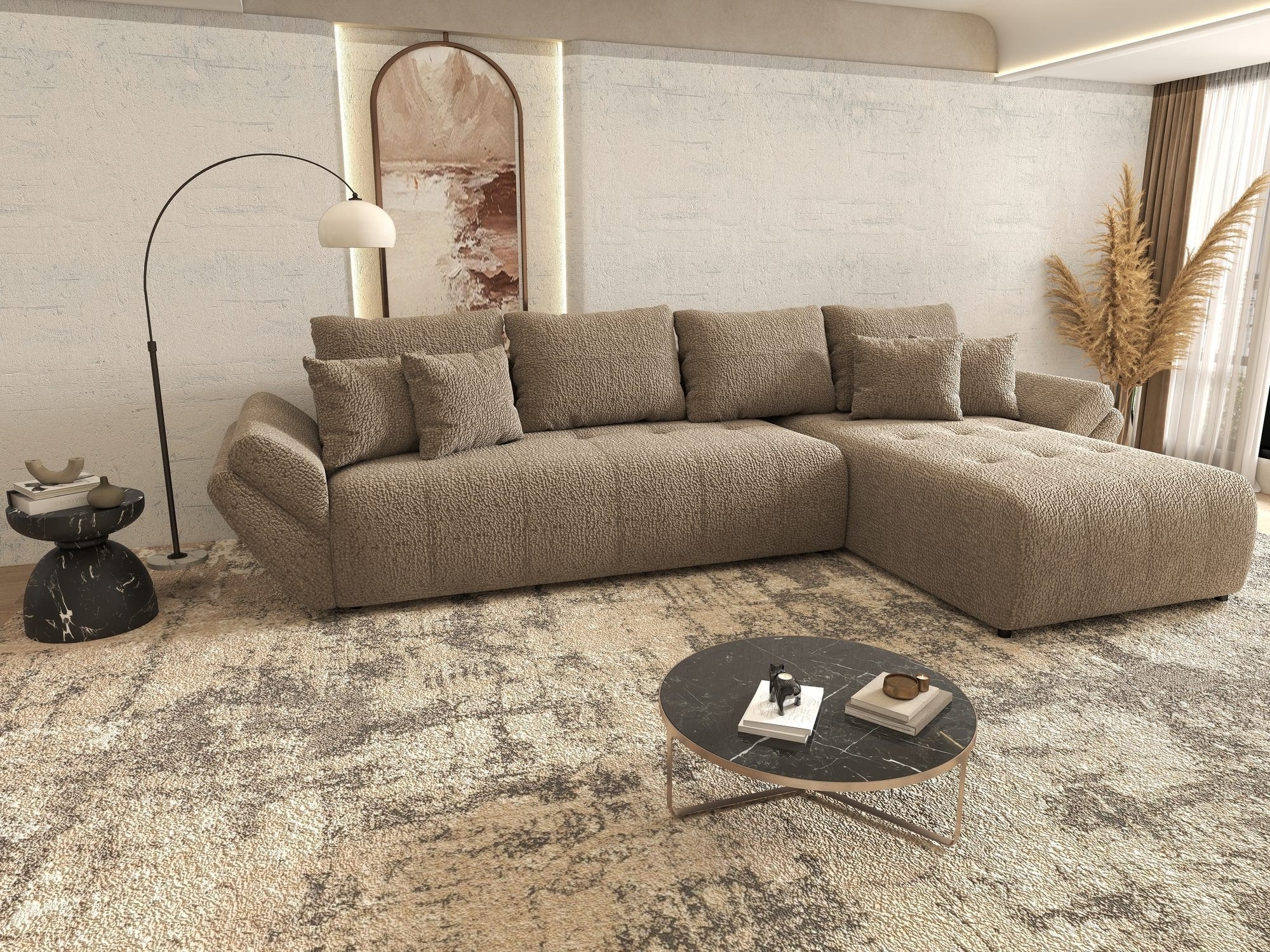 Colțar extensibil dumonde cu ladă de depozitare si sezut confortabil din spuma high-density, Berlin XL Jaguar Maro Cappuccino 8 II 350x185 cm
