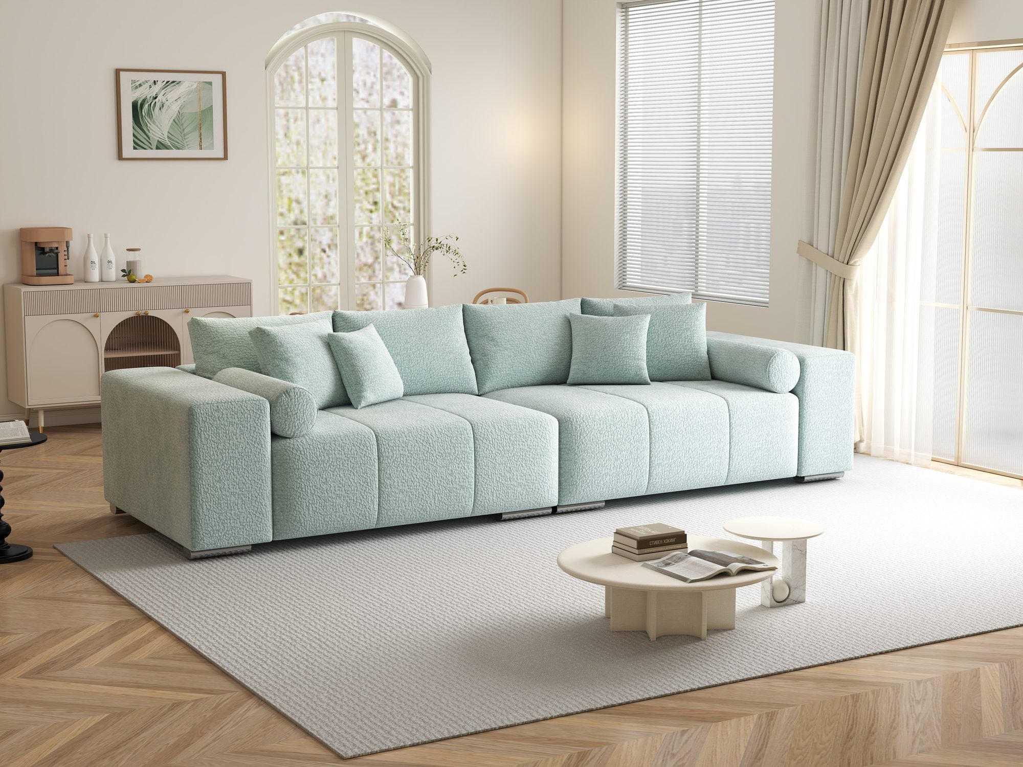Canapea extensibilă dumonde cu ladă de depozitare si sezut confortabil din spuma high-density, Marbela XXL Jaguar Verde Mint 16 290x100 cm
