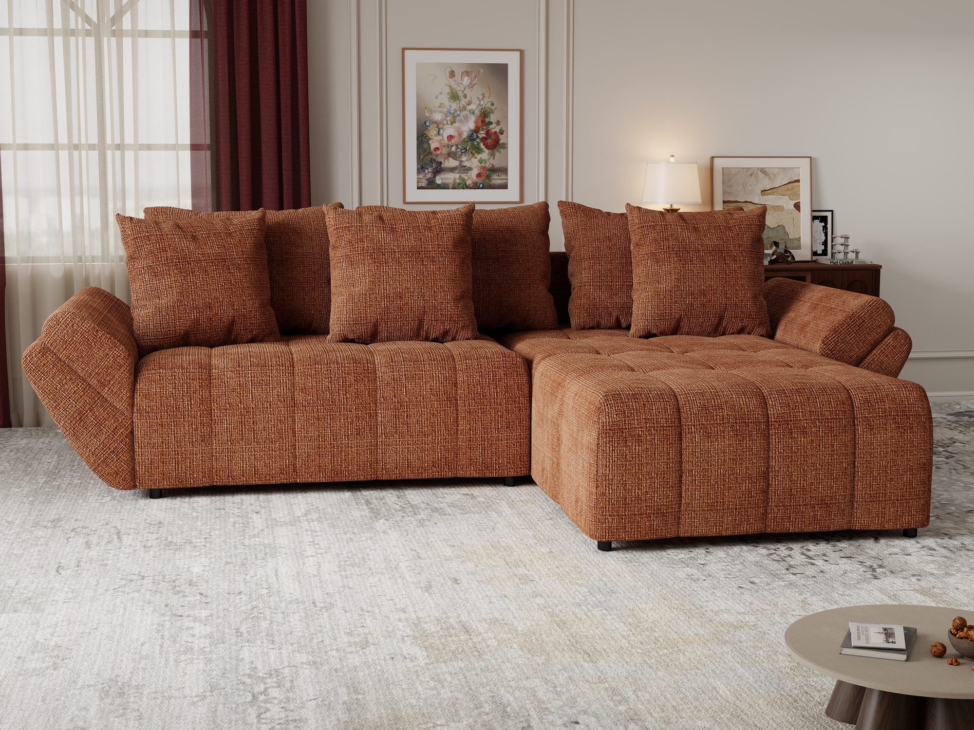 Colțar extensibil dumonde cu ladă de depozitare si sezut confortabil din spuma high-density, Berlin Cremona Teracota 52 II 280x185 cm